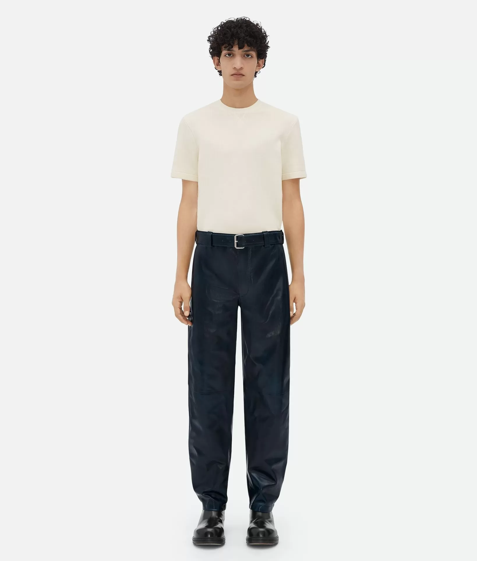 Trousers And Shorts | Leather>Bottega Veneta Leather Belted Trousers Deep ocean