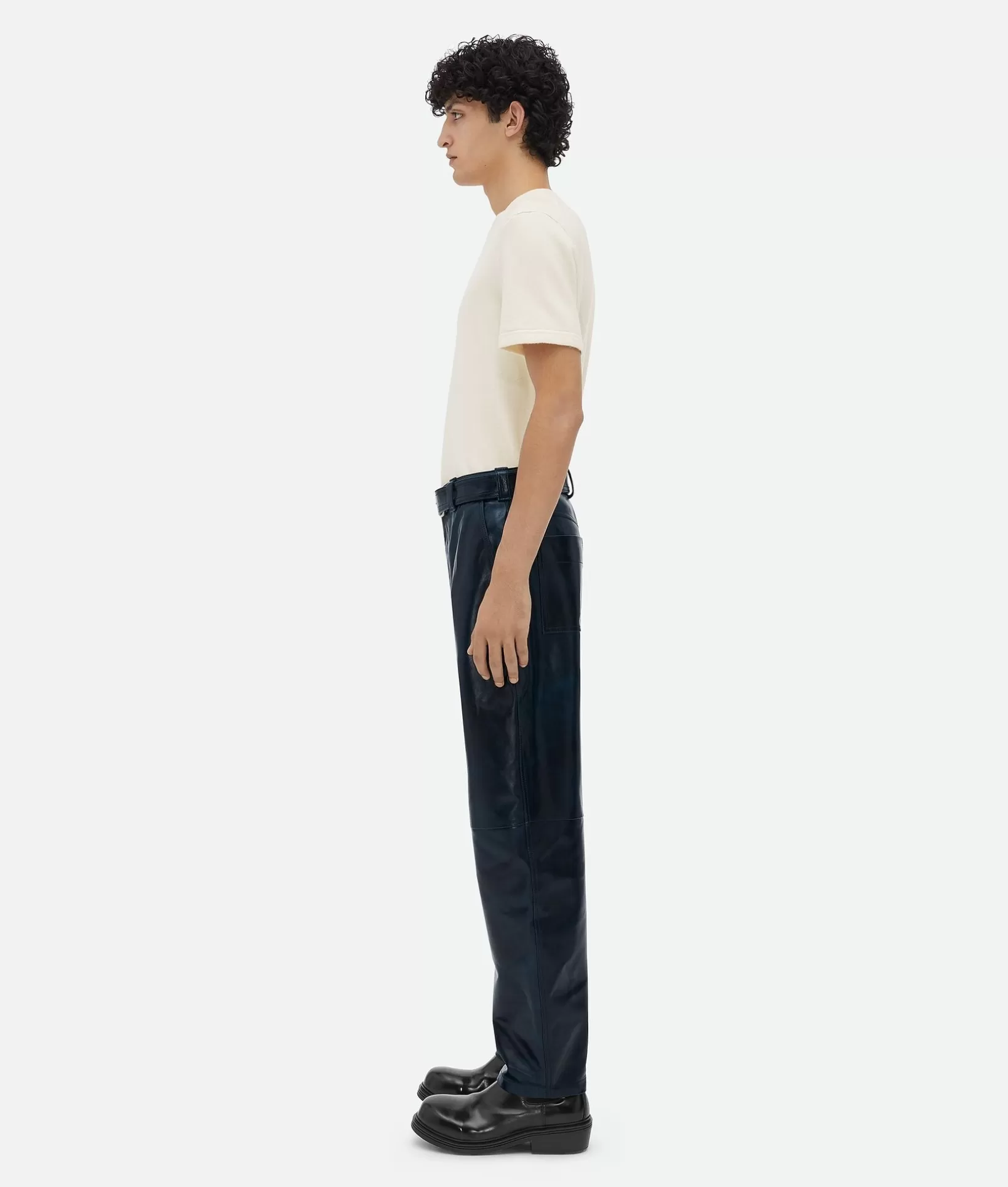 Trousers And Shorts | Leather>Bottega Veneta Leather Belted Trousers Deep ocean