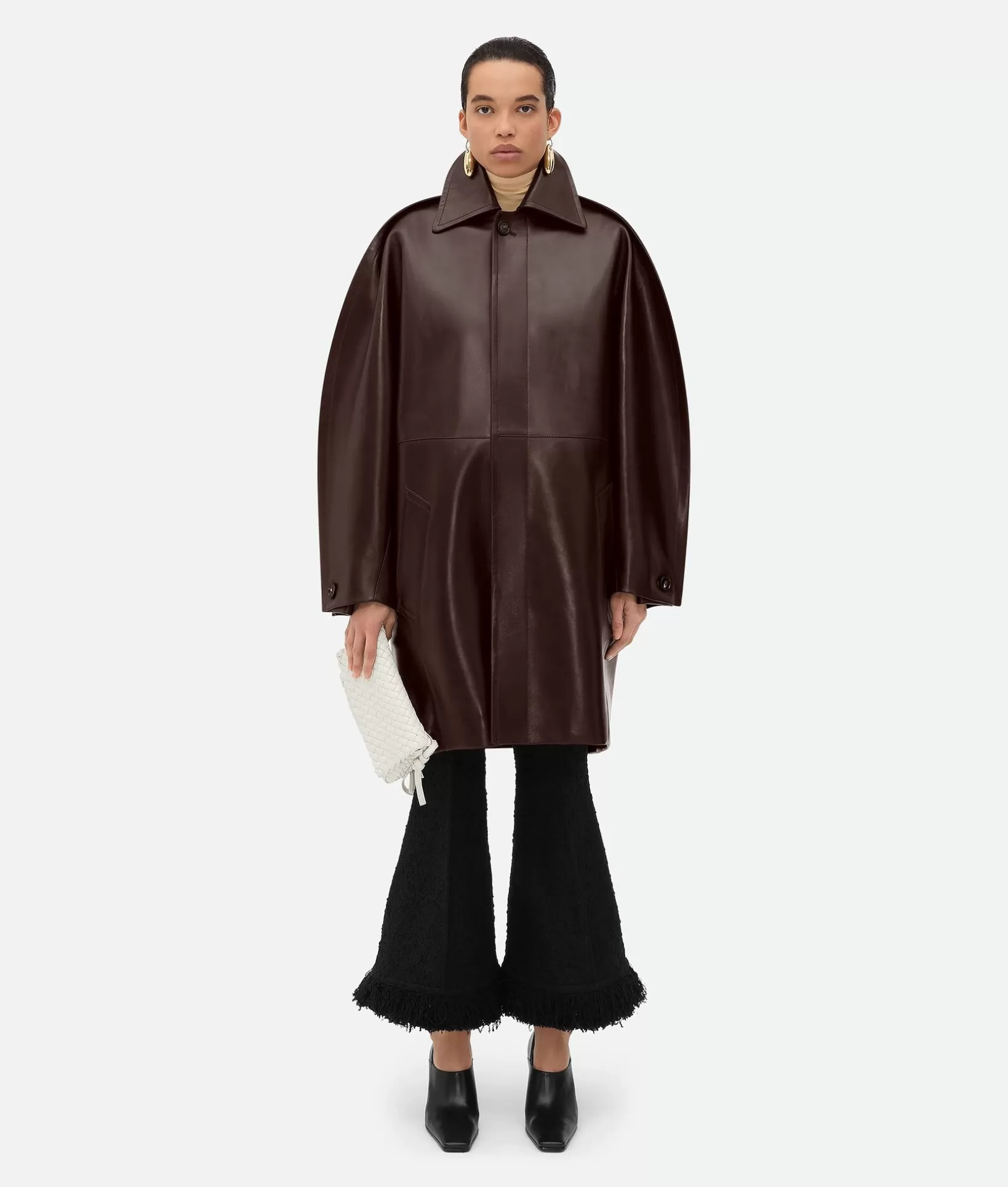 Coats>Bottega Veneta Leather Cocoon Coat Cocoa