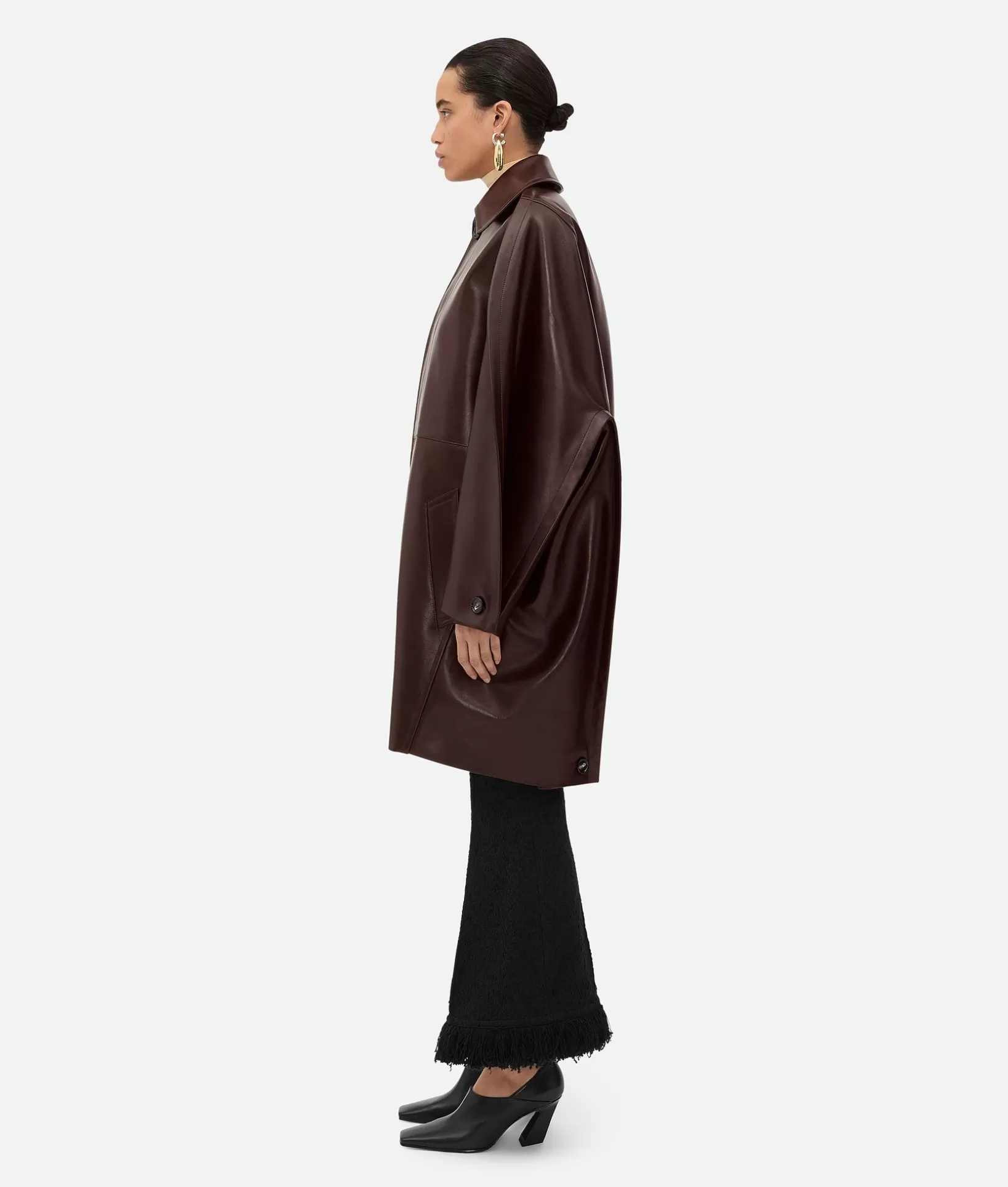 Coats>Bottega Veneta Leather Cocoon Coat Cocoa