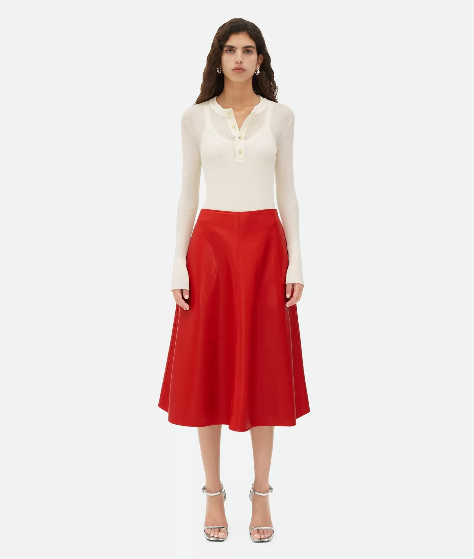 Leather>Bottega Veneta Leather Midi Skirt Scarlet