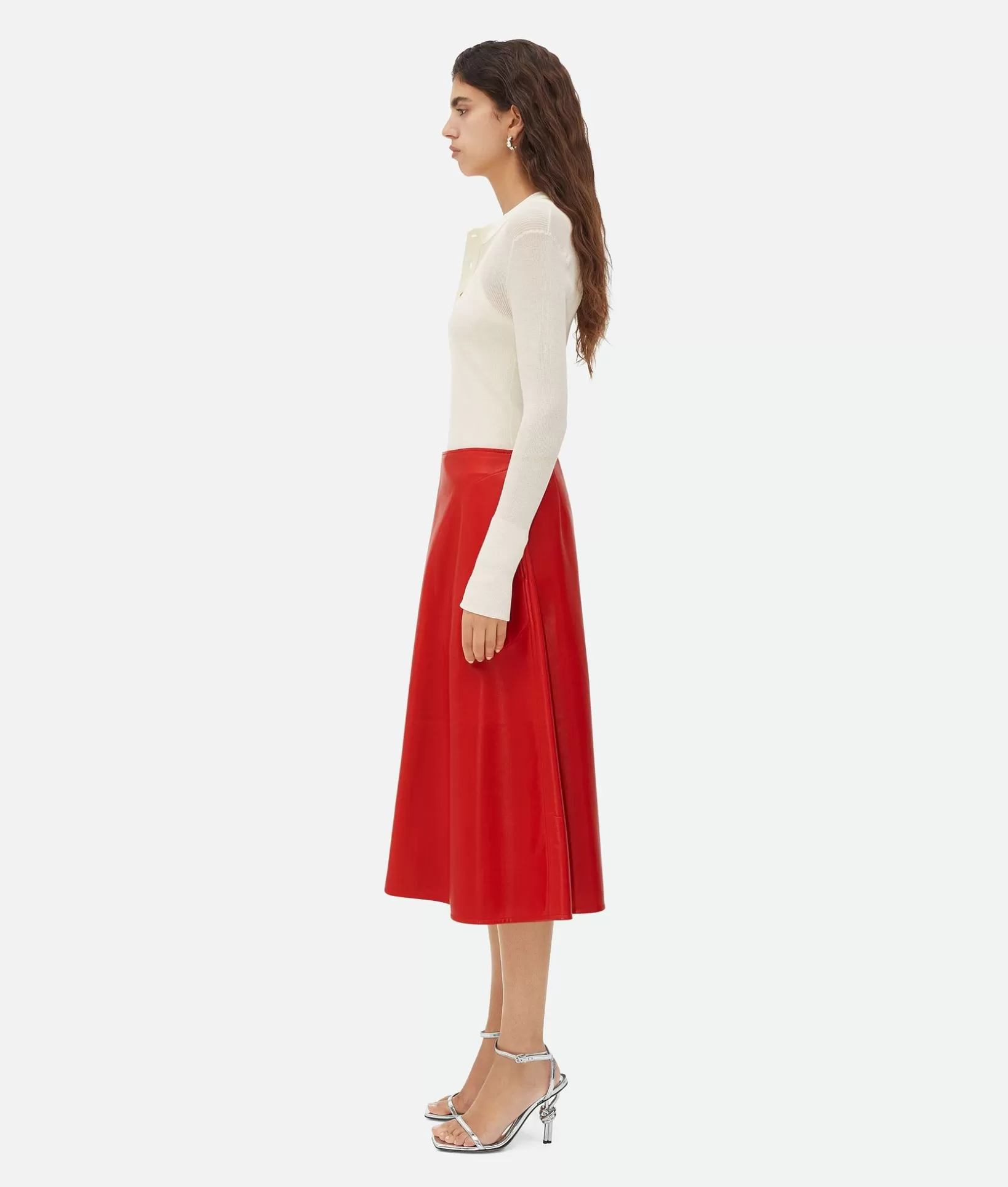 Leather>Bottega Veneta Leather Midi Skirt Scarlet