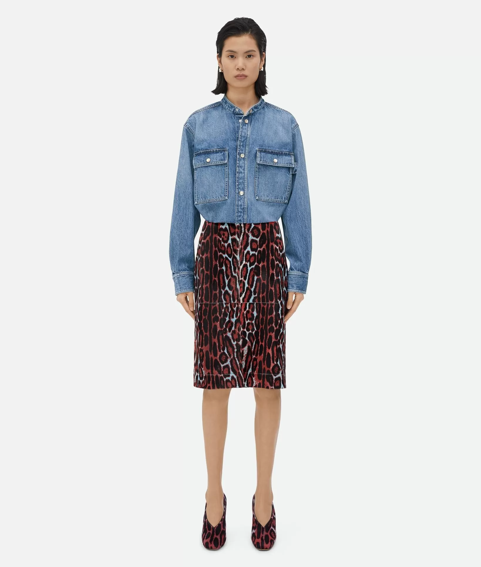 Skirts>Bottega Veneta Leopard Print Shearling Skirt Black/pale blue/chil