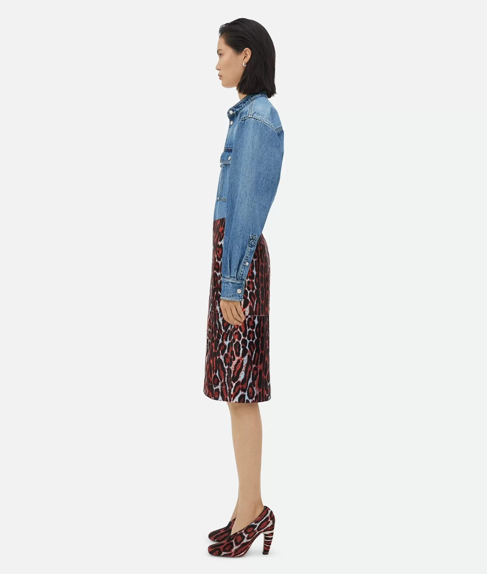 Skirts>Bottega Veneta Leopard Print Shearling Skirt Black/pale blue/chil