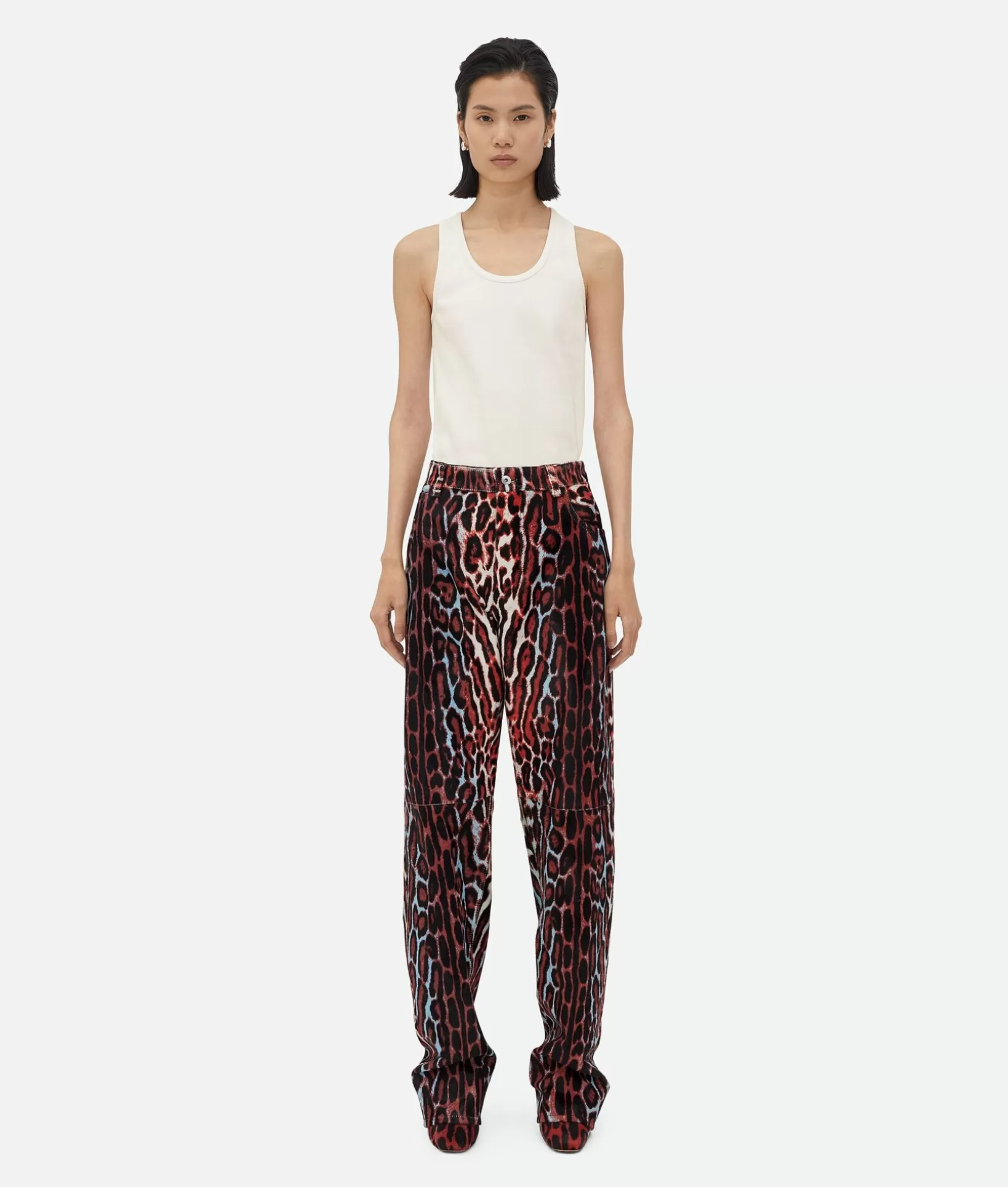 Trousers And Shorts>Bottega Veneta Leopard Print Shearling Trousers Black/pale blue/chil