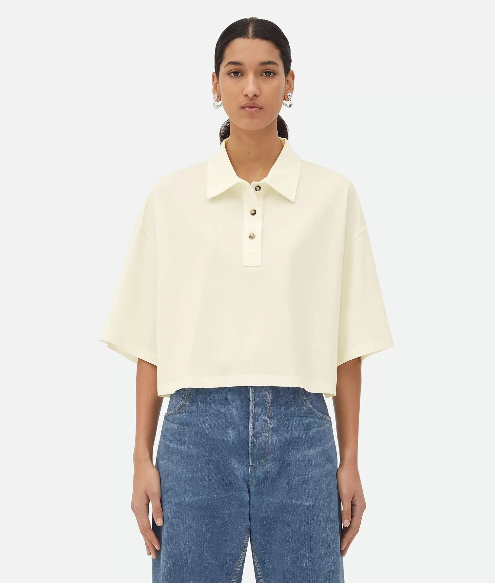 Tops And T-Shirts>Bottega Veneta Light Cotton Piquet Cropped Polo Dove