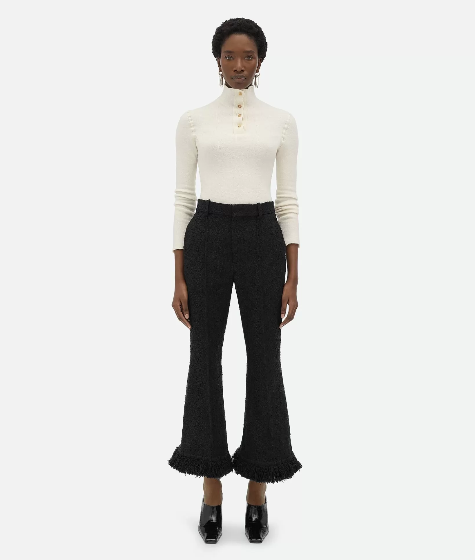 Trousers And Shorts>Bottega Veneta Light Cotton Tweed Fringed Trousers Black