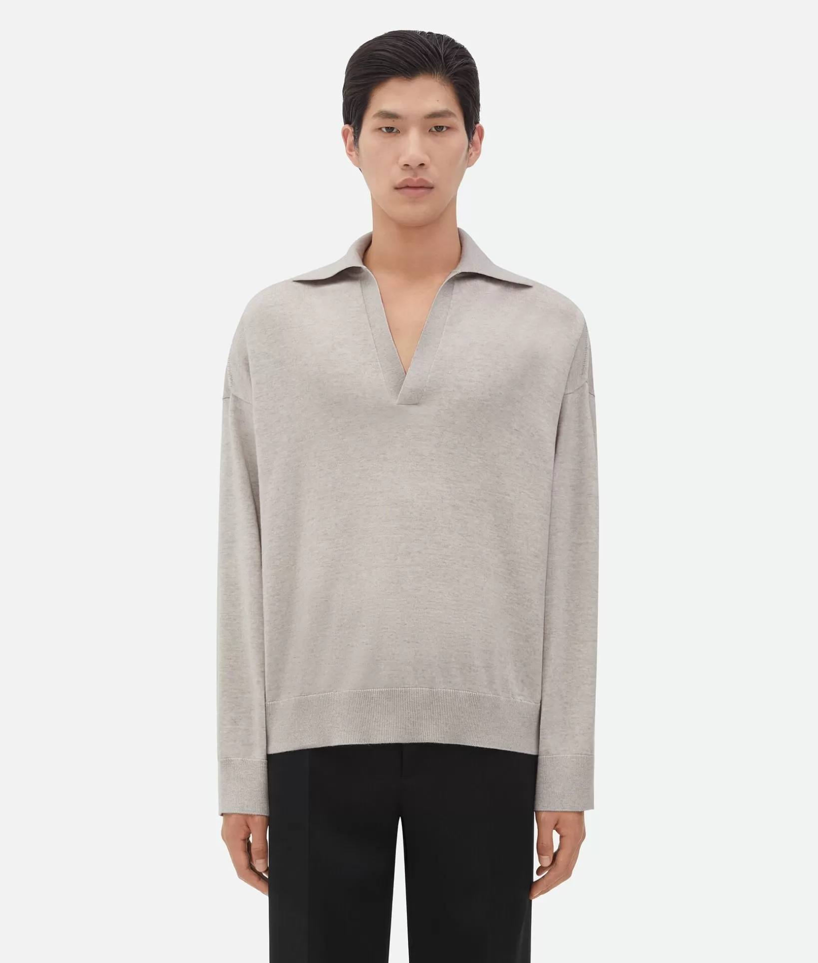 Polos | Knitwear>Bottega Veneta Light Wool Polo Light grey melange