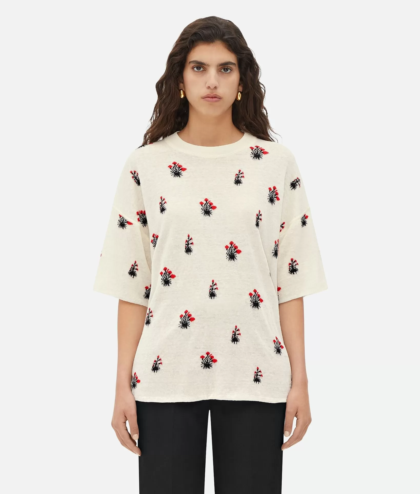 Tops And T-Shirts>Bottega Veneta Linen Jacquard Flowers T-Shirt Chalk/vernis