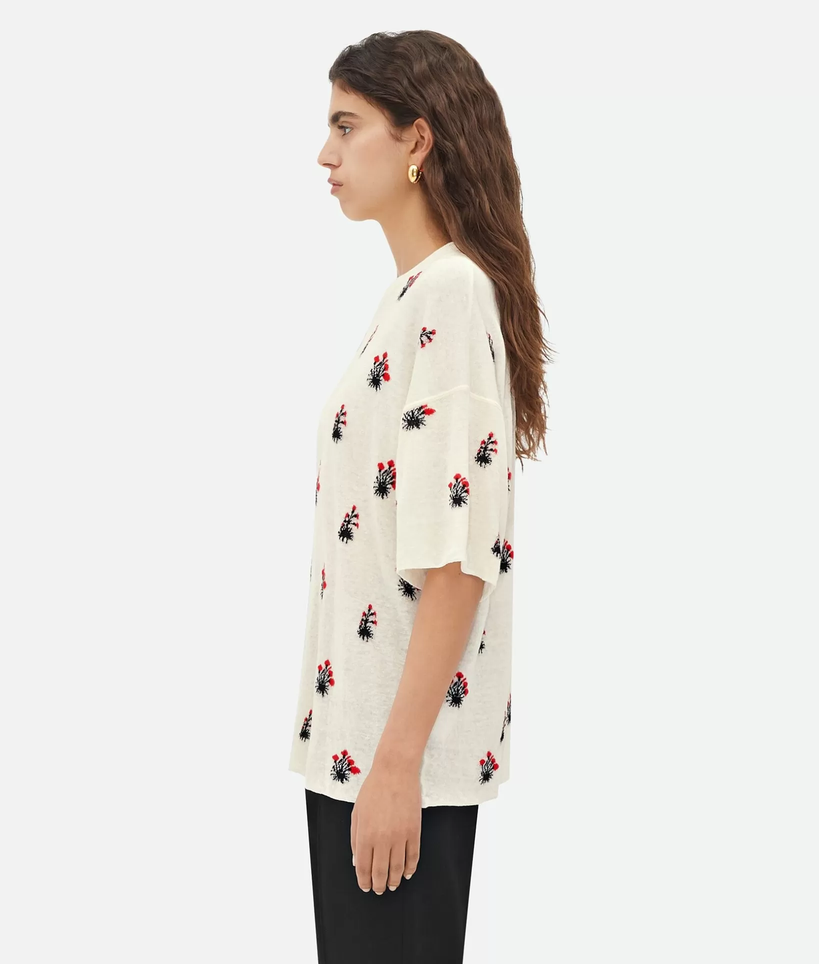 Tops And T-Shirts>Bottega Veneta Linen Jacquard Flowers T-Shirt Chalk/vernis