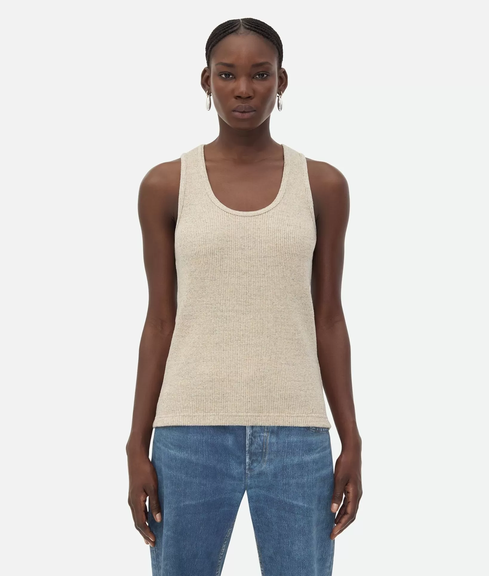 Tops And T-Shirts>Bottega Veneta Melange Cotton Rib Tank Top Light beige melange