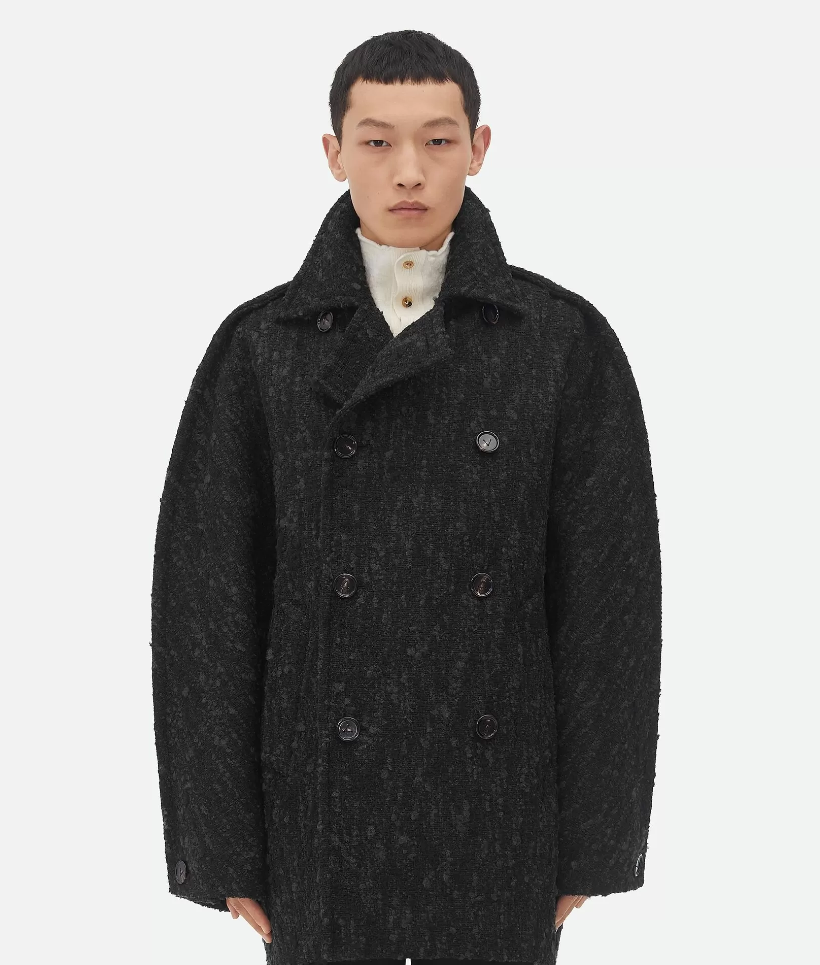 Coats>Bottega Veneta Melange Wool Coat Black