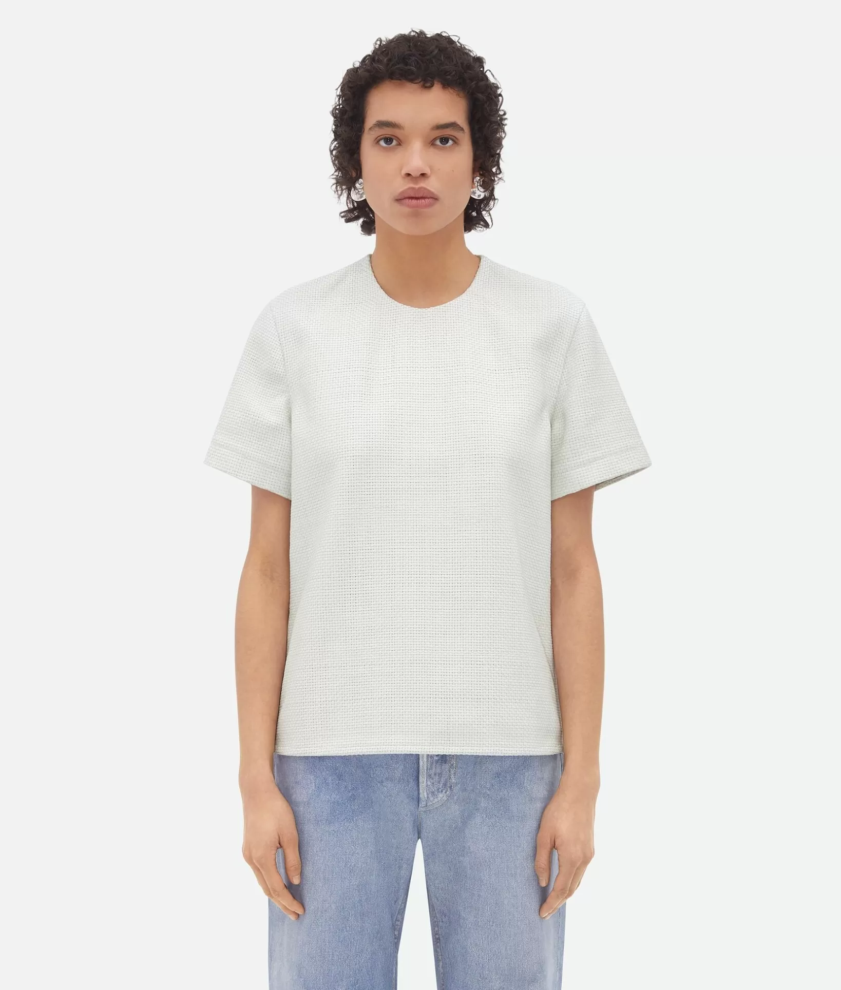 Leather>Bottega Veneta Mini Intrecciato Leather T-Shirt Optic white