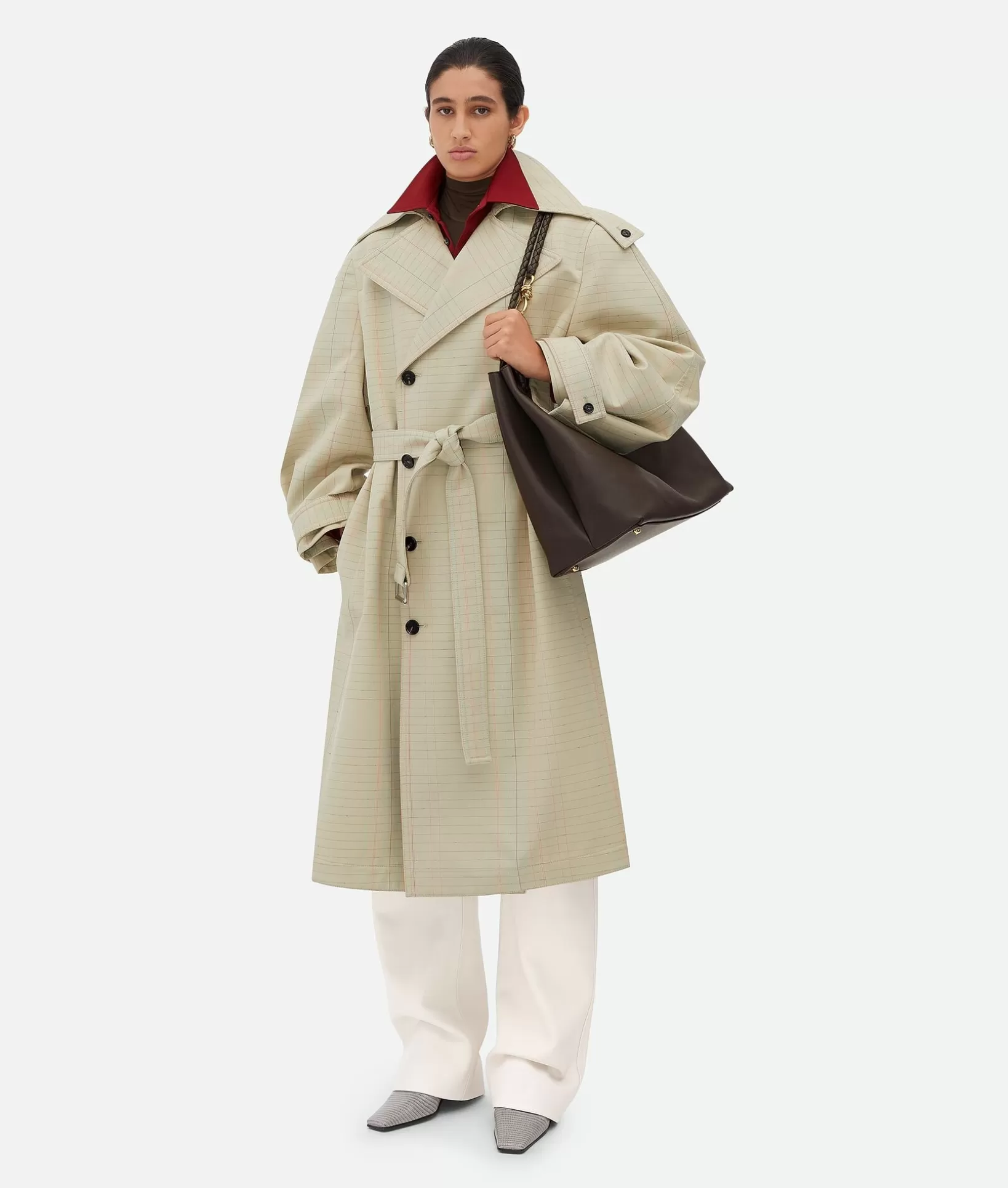 Coats>Bottega Veneta Notebook Wool Cotton Trench Coat Pale sage melange