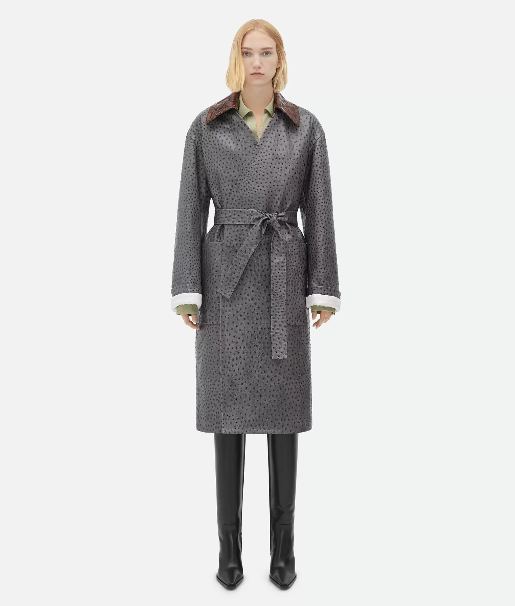 Leather | Coats>Bottega Veneta Ostrich-Effect Leather Belted Coat Pebble