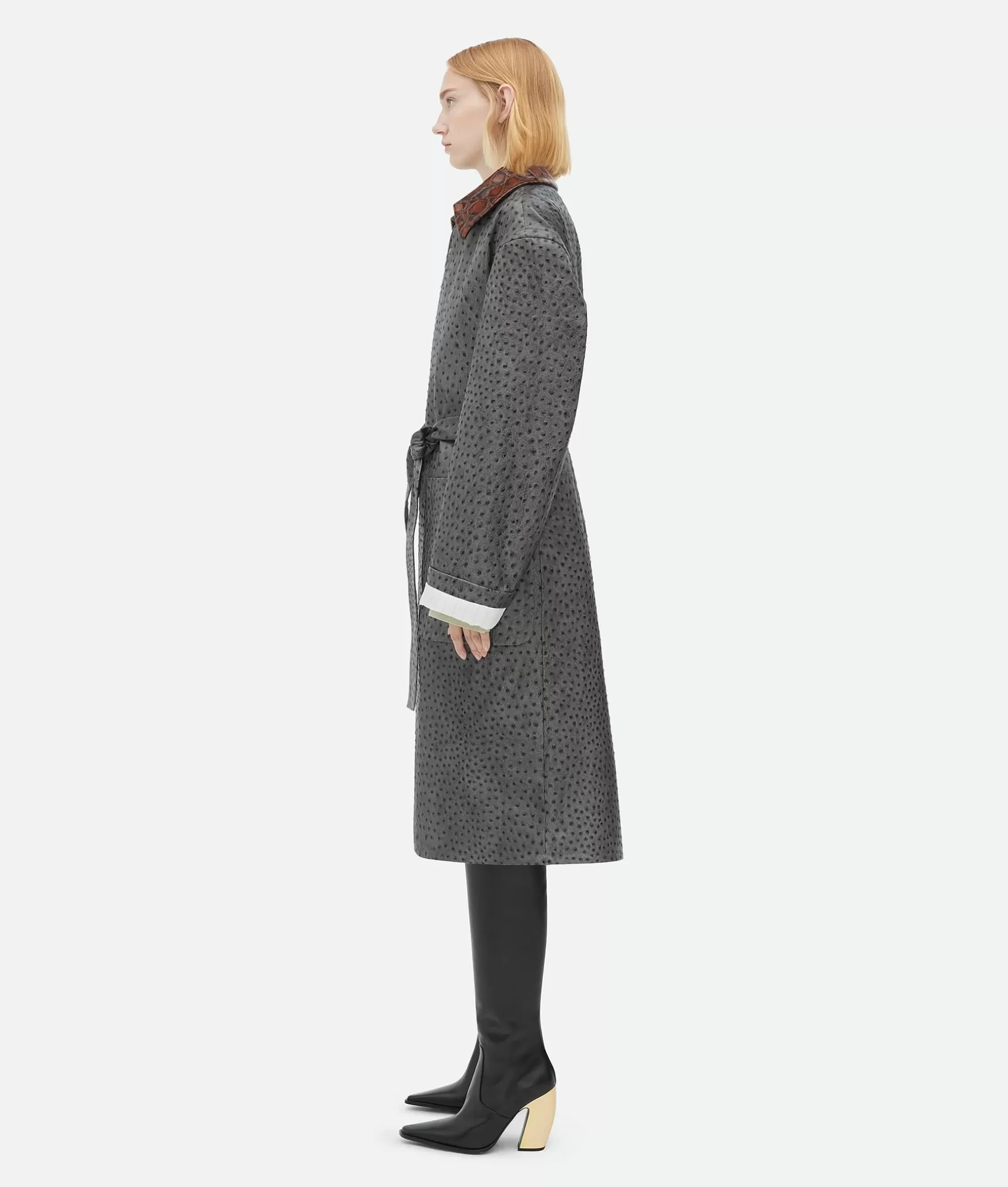 Leather | Coats>Bottega Veneta Ostrich-Effect Leather Belted Coat Pebble