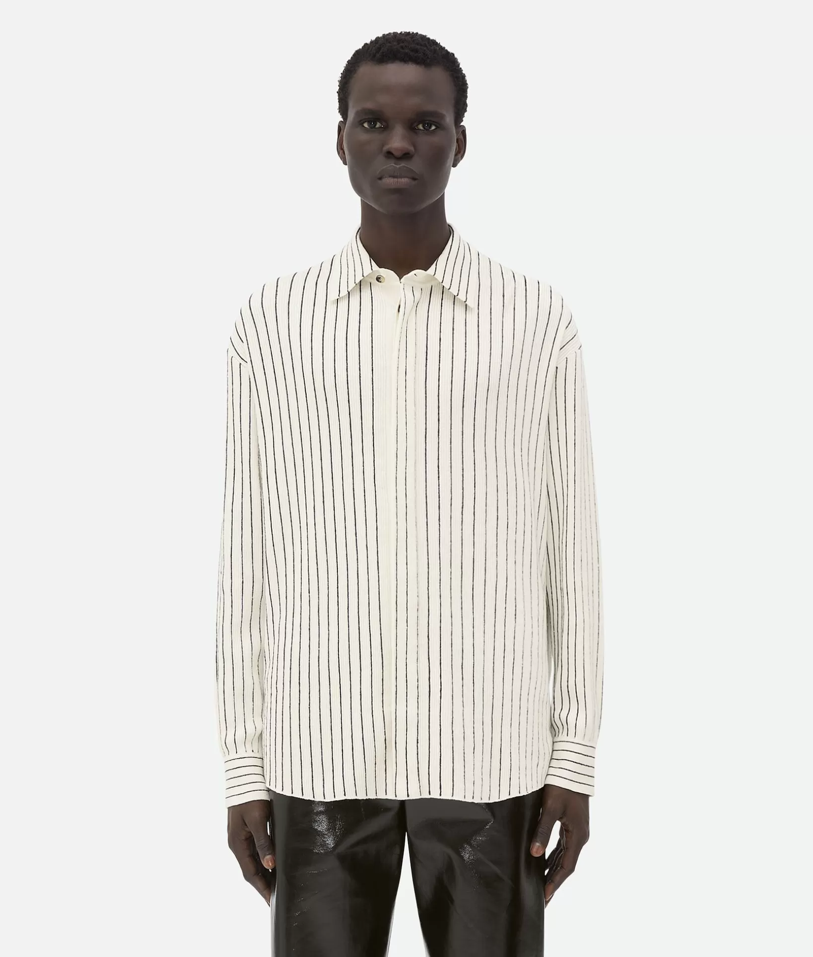 Shirts>Bottega Veneta Pinstripe Knitted Linen Shirt Chalk/grey melange