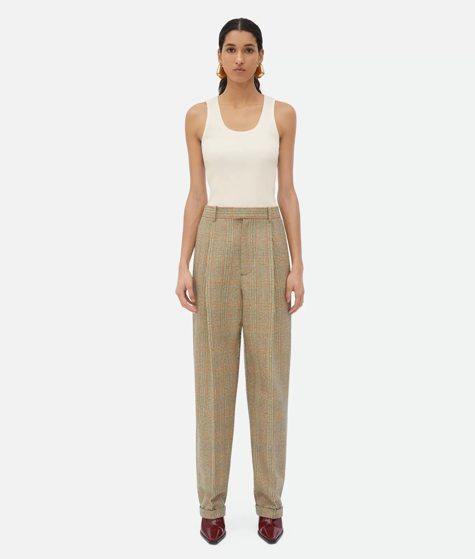 Trousers And Shorts>Bottega Veneta Prince Of Wales Wool Trousers Beige/yellow/blue