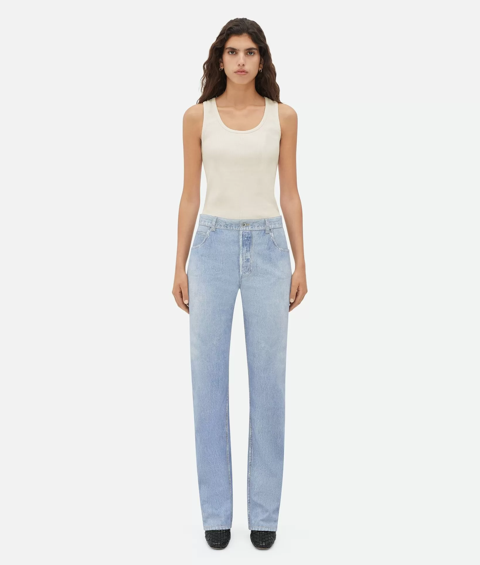 Leather>Bottega Veneta Printed Leather Boyfriend Denim Light blue