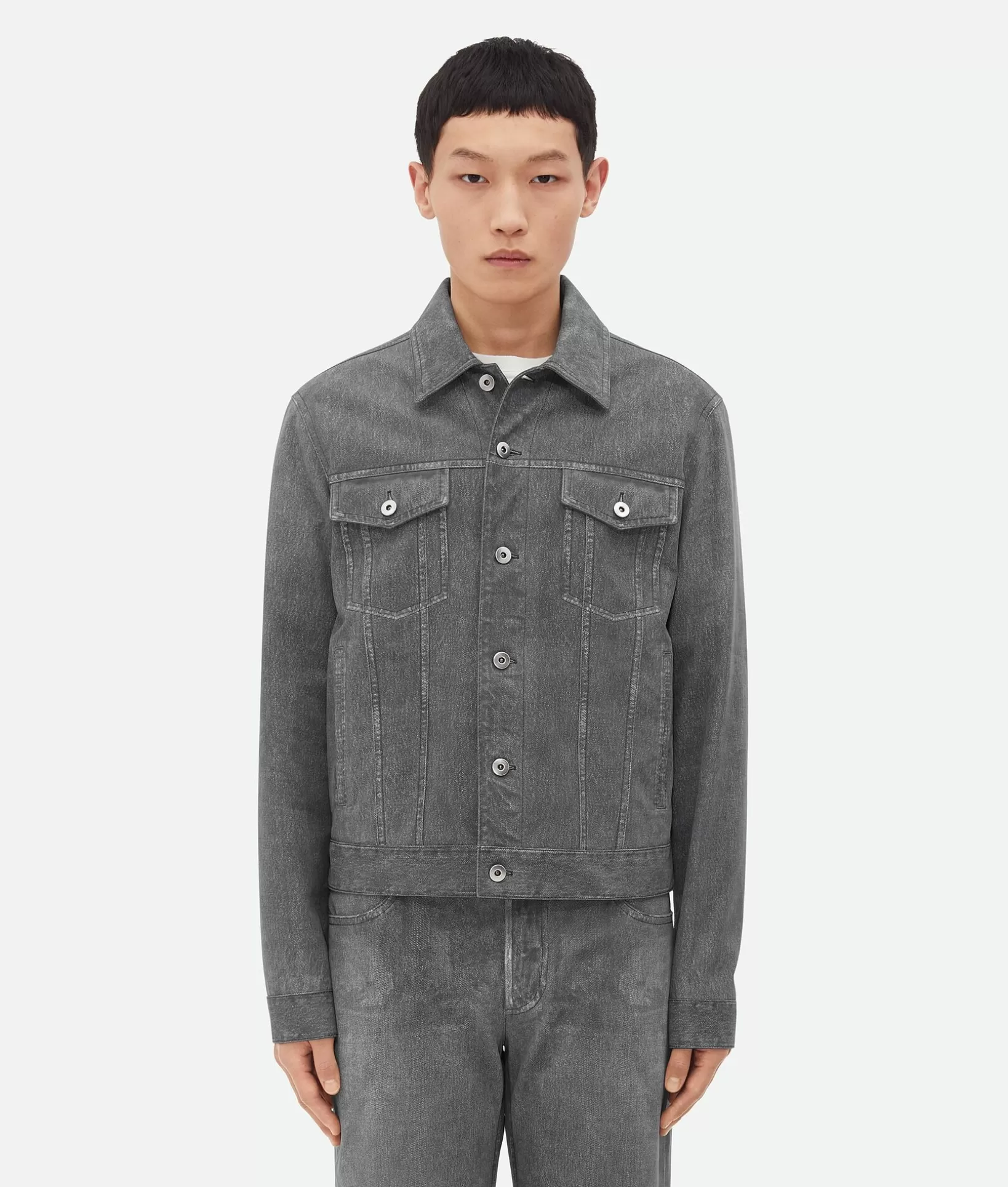 Leather | Jackets>Bottega Veneta Printed Leather Denim Jacket Mid grey