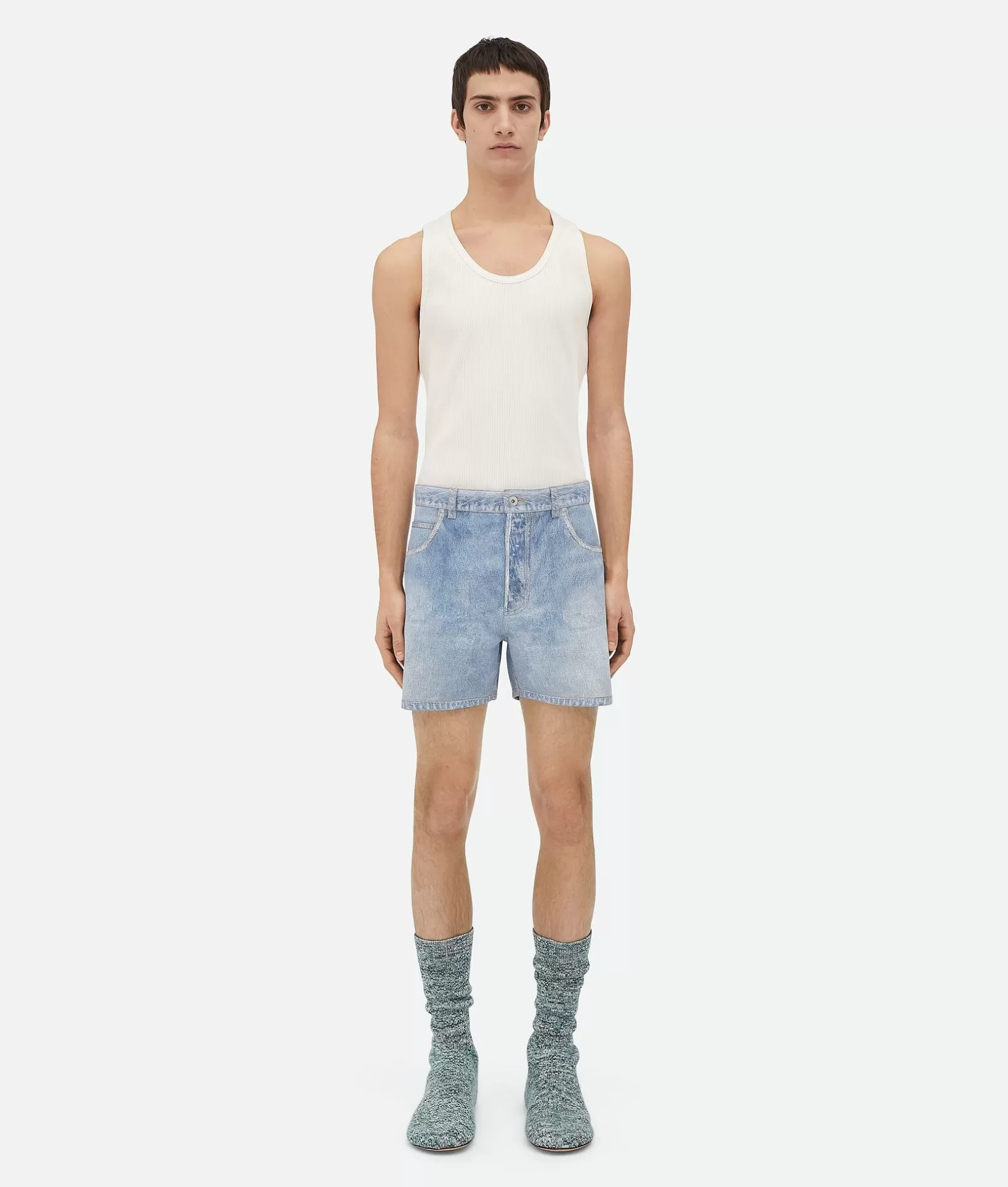 Denim | Trousers And Shorts>Bottega Veneta Printed Leather Denim Shorts Light blue