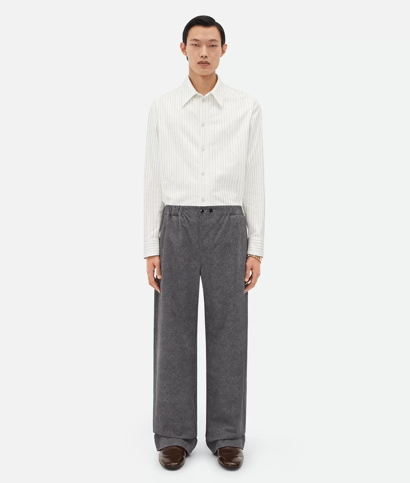 Trousers And Shorts>Bottega Veneta Printed Leather Flannel Pants Charcoal melange