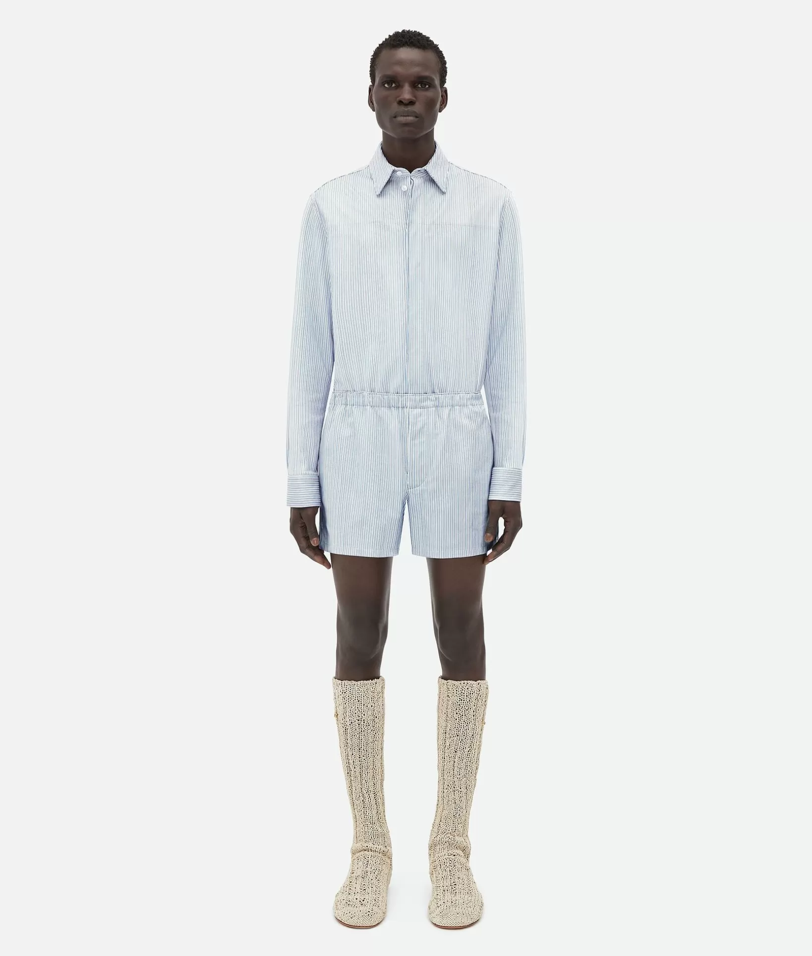 Leather | Trousers And Shorts>Bottega Veneta Printed Leather Shorts Light blue / White