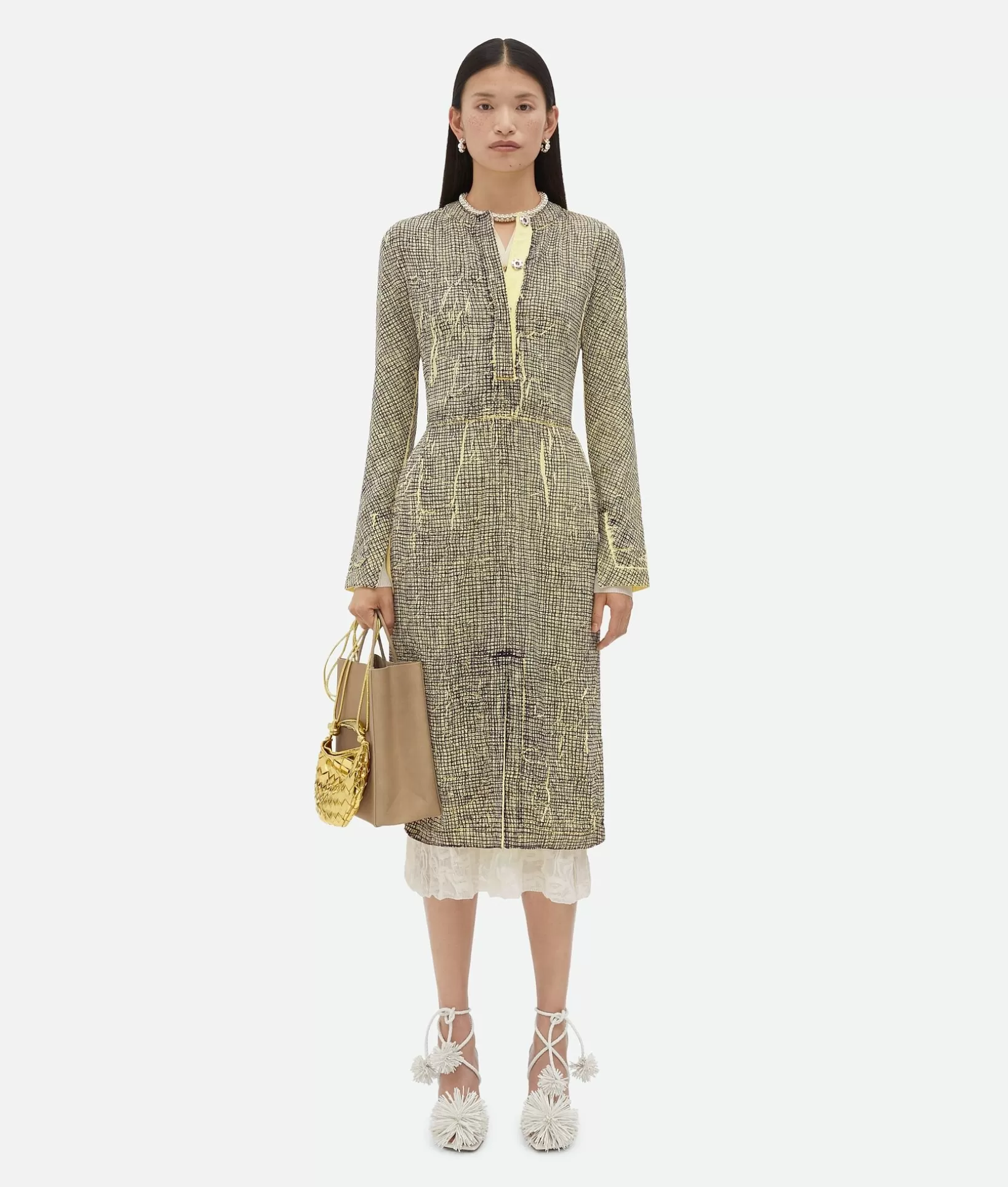 Dresses>Bottega Veneta Printed Viscose Creased Dress Yellow/charcoal