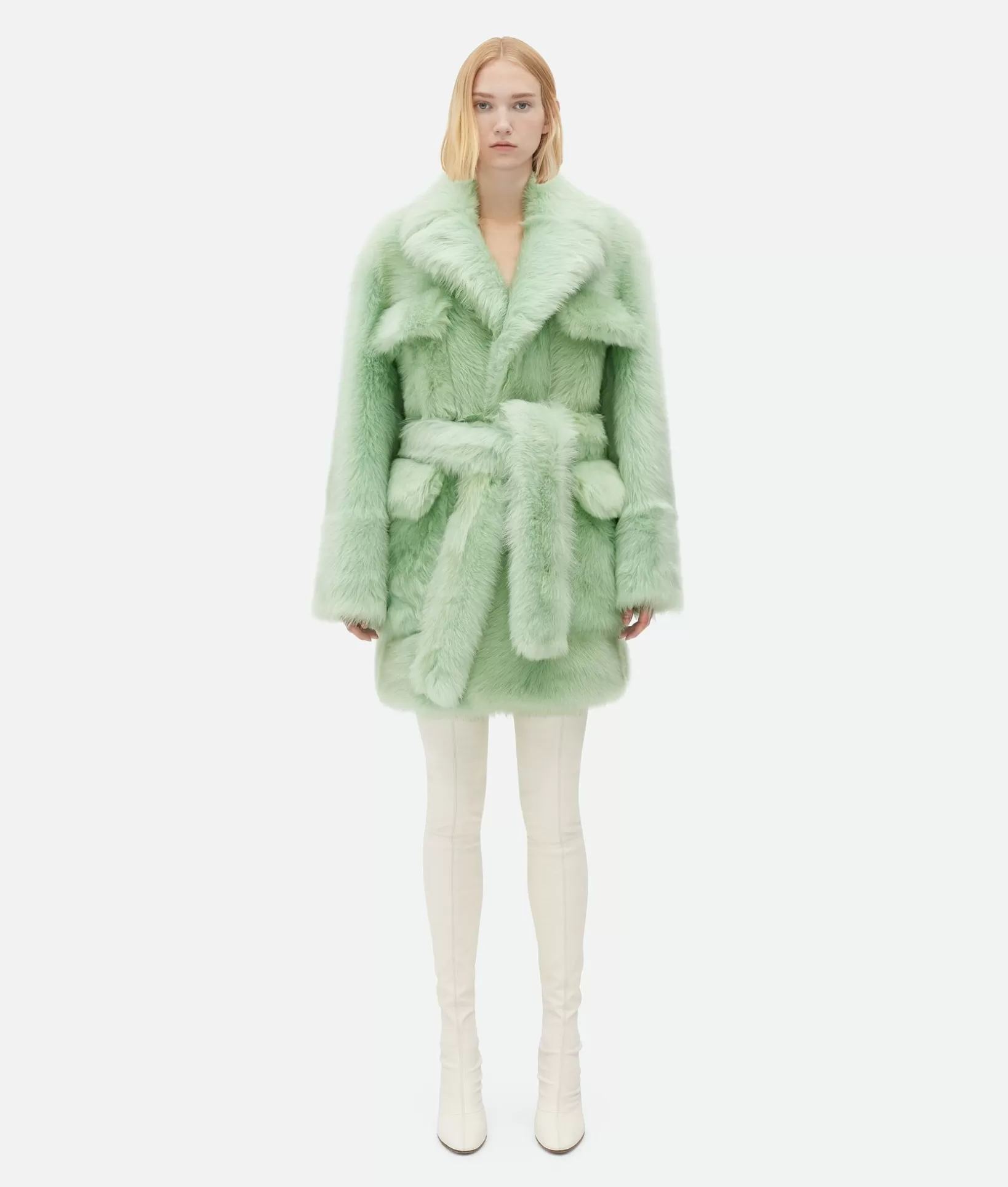 Coats>Bottega Veneta Shearling Belted Coat Sweet mint