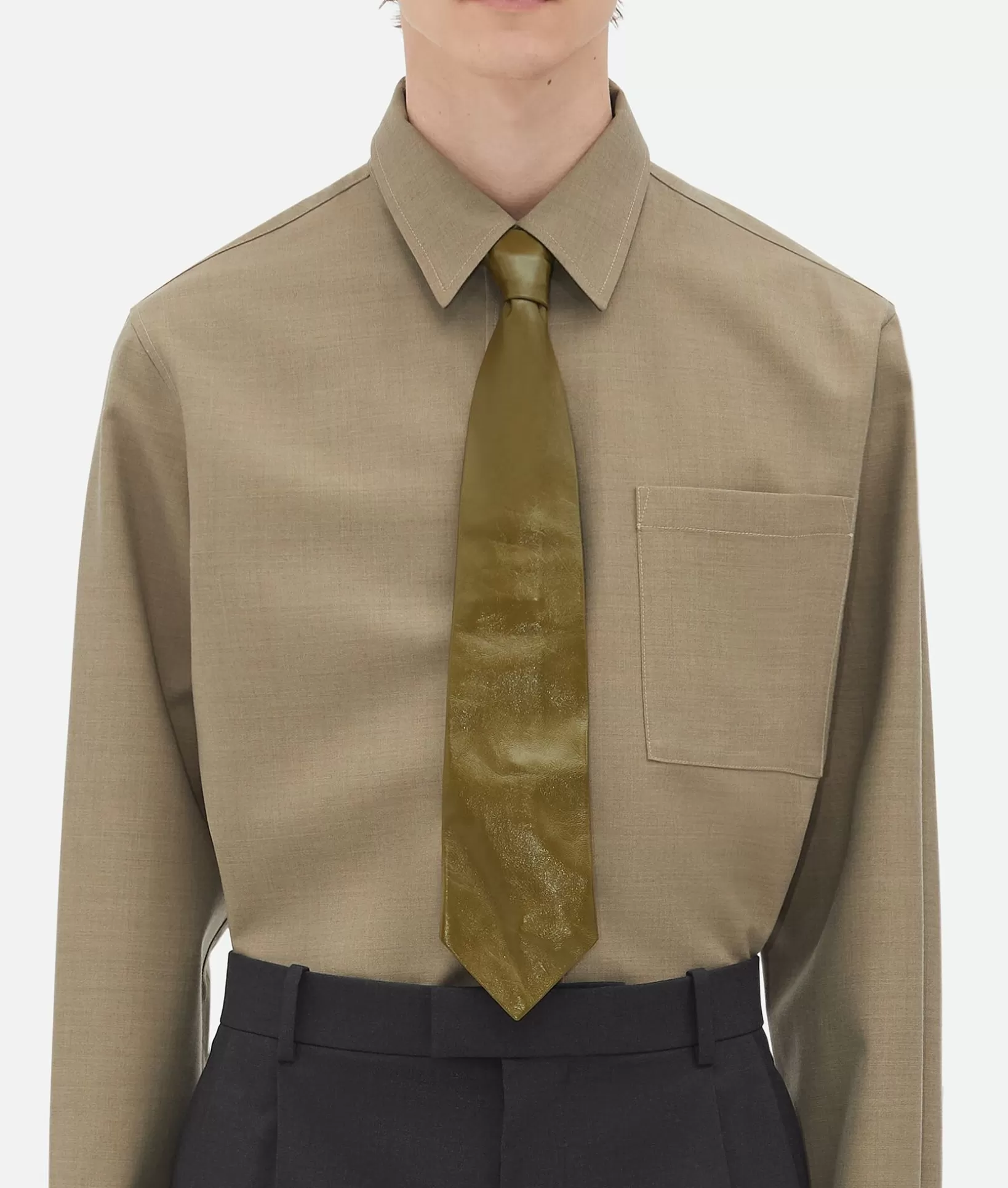 Scarves And Ties>Bottega Veneta Shiny Leather Tie Olive