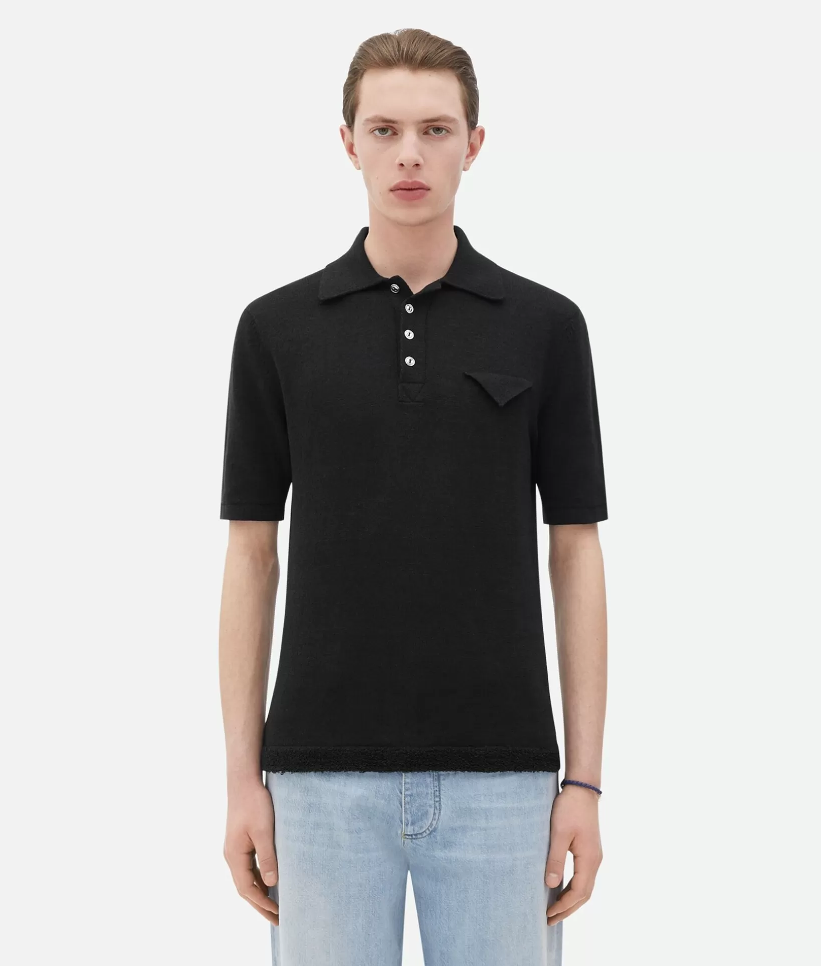 Polos>Bottega Veneta Slim Fit Light Linen Polo Black