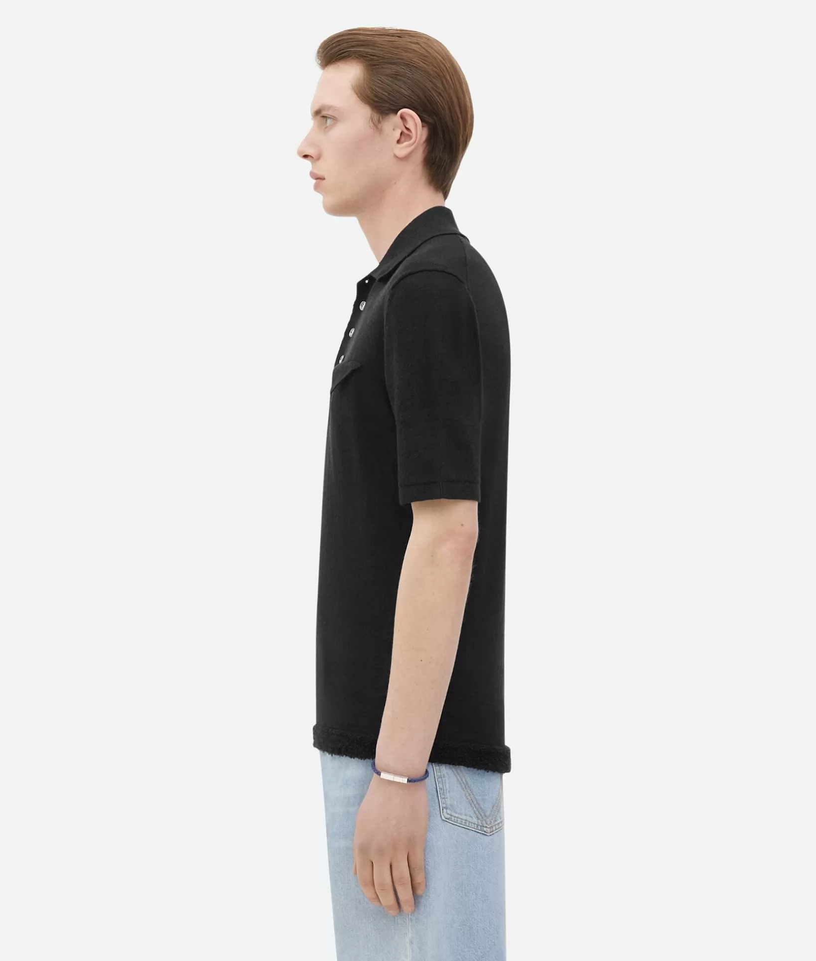 Polos>Bottega Veneta Slim Fit Light Linen Polo Black