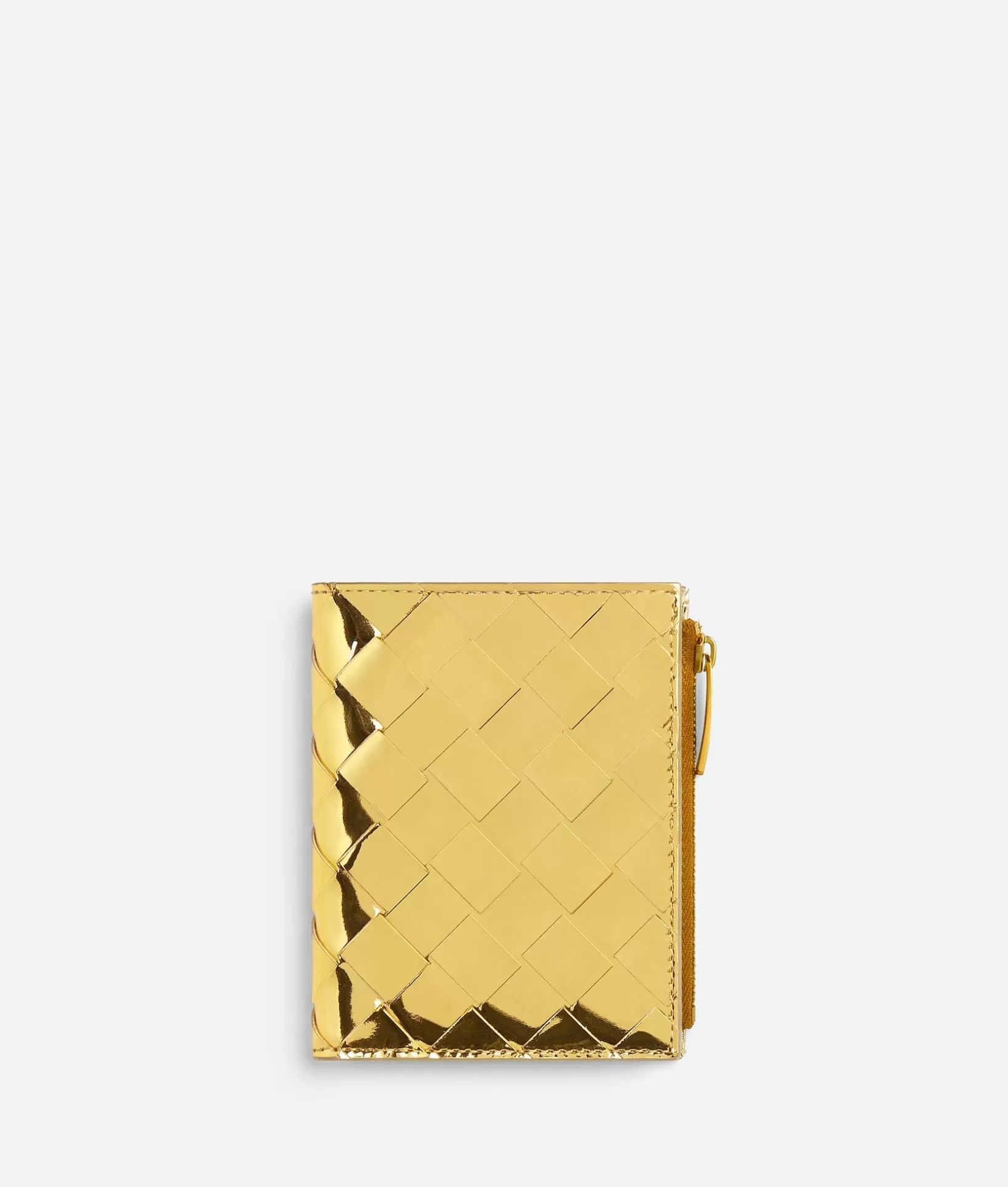 Small Wallets>Bottega Veneta Small Intrecciato Bi-Fold Zip Wallet Gold