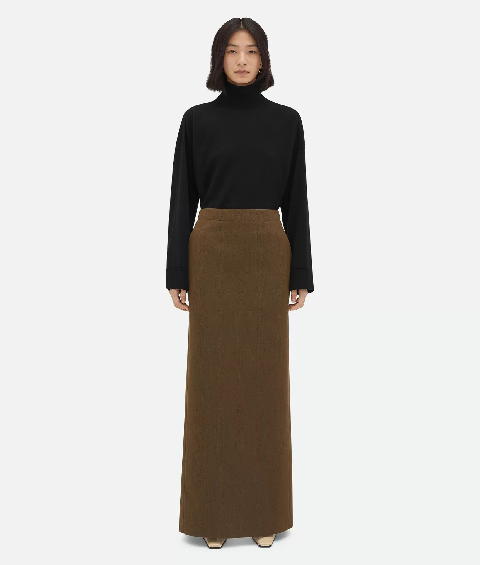 Skirts>Bottega Veneta Soft Wool Twill Skirt Dark jute melange