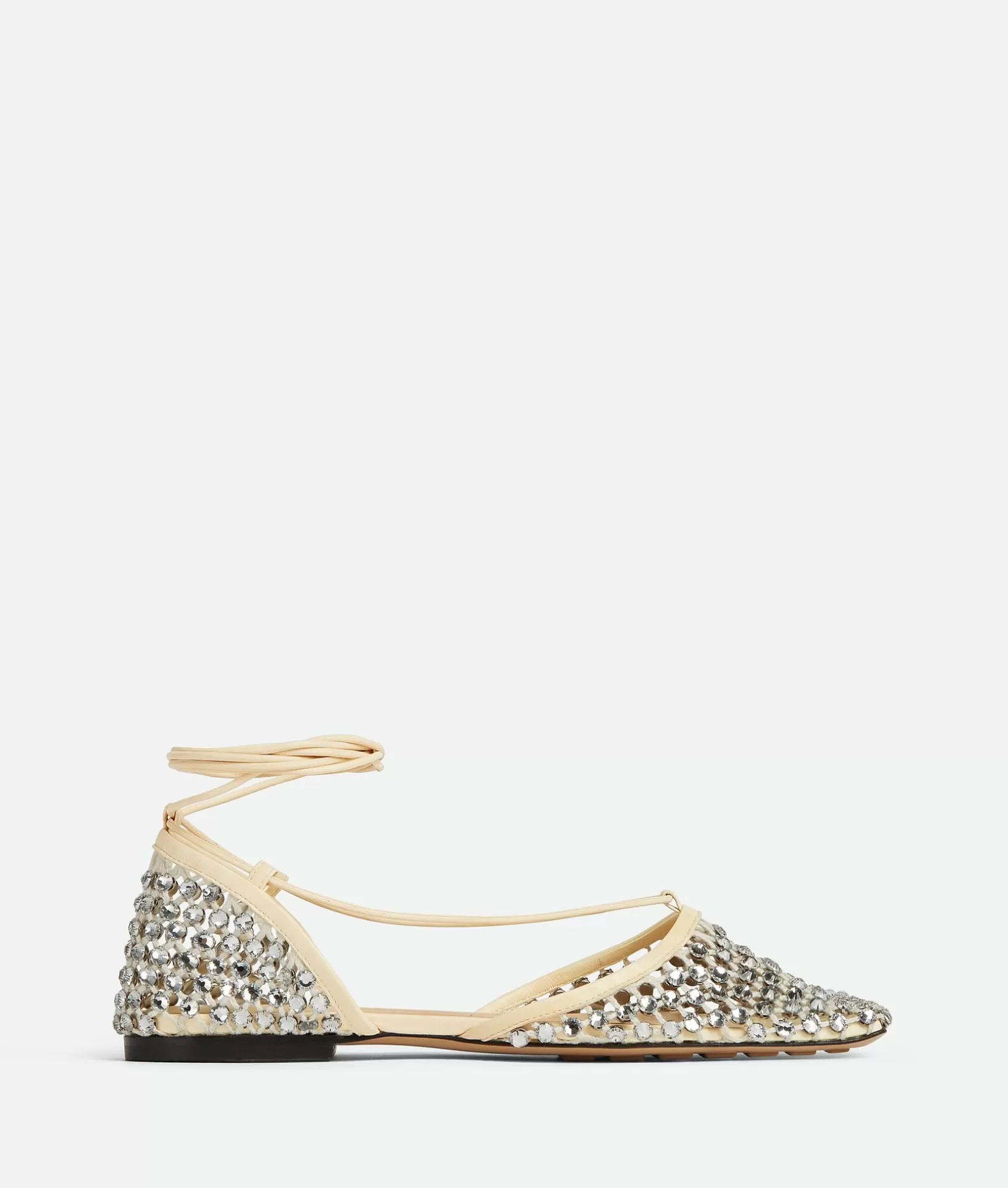 Flats>Bottega Veneta Sparkle Stretch Lace-Up Flat Sandal Toile/crystal