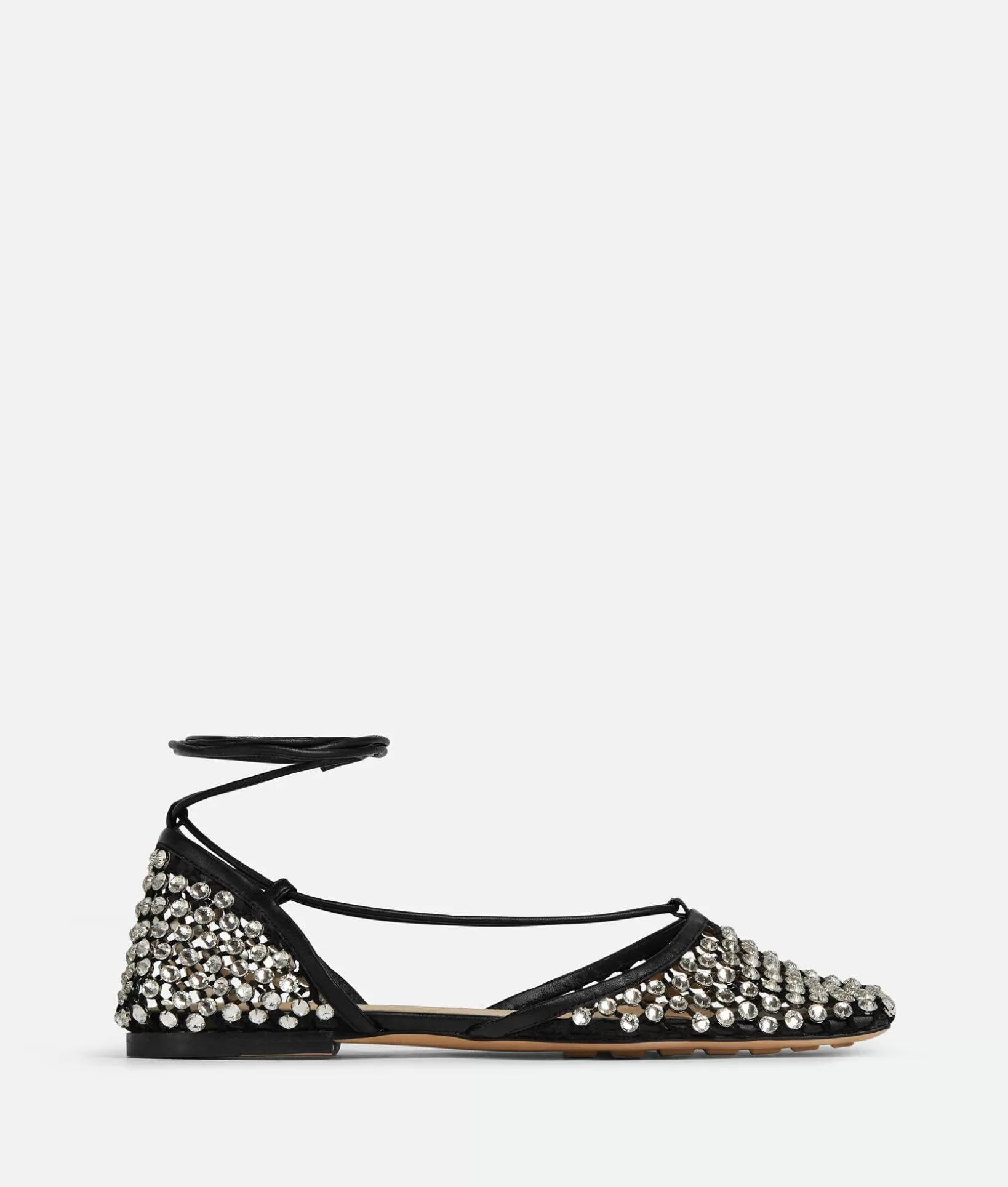 Flats>Bottega Veneta Sparkle Stretch Lace-Up Flat Sandal Black /crystal