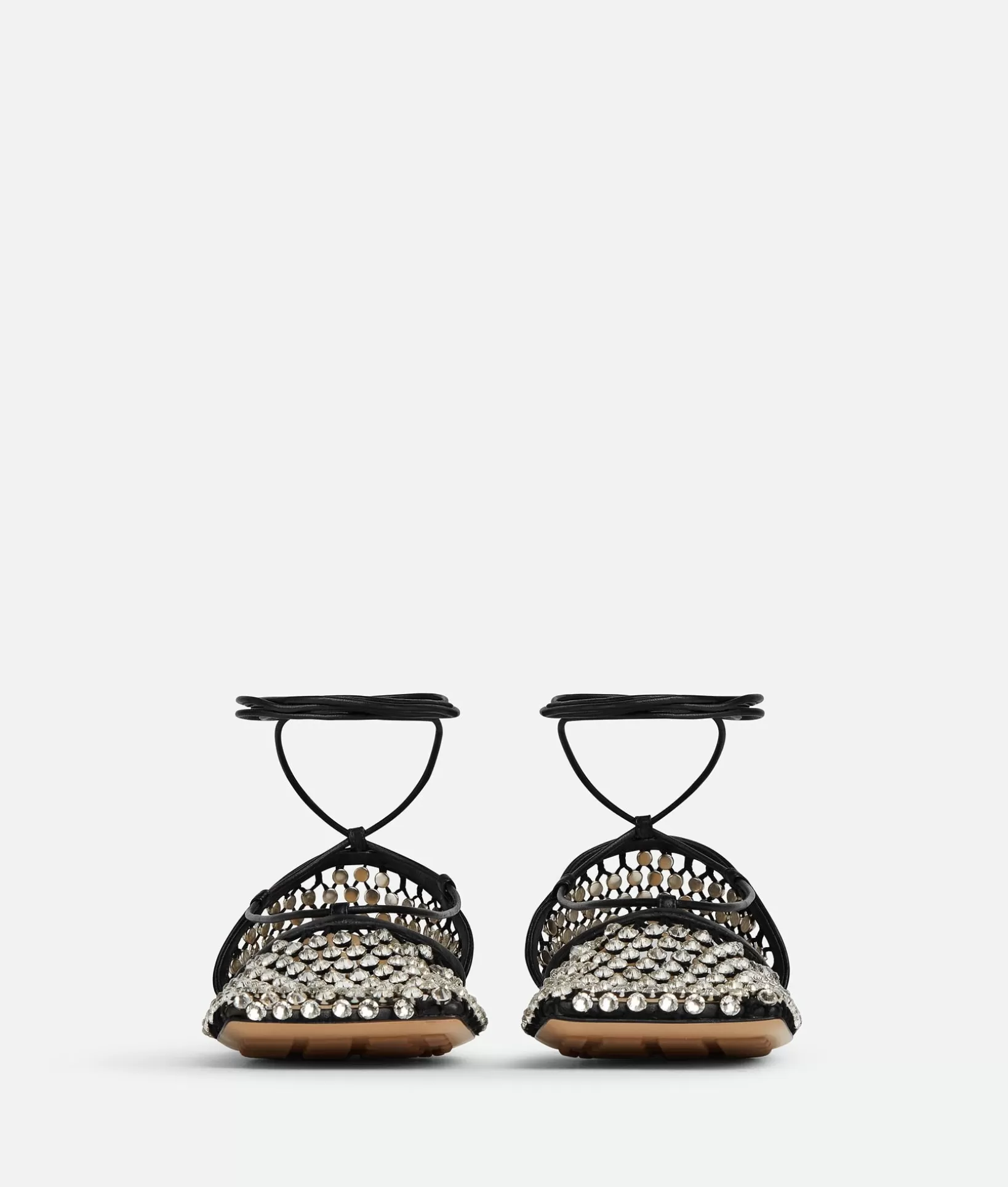 Flats>Bottega Veneta Sparkle Stretch Lace-Up Flat Sandal Black /crystal