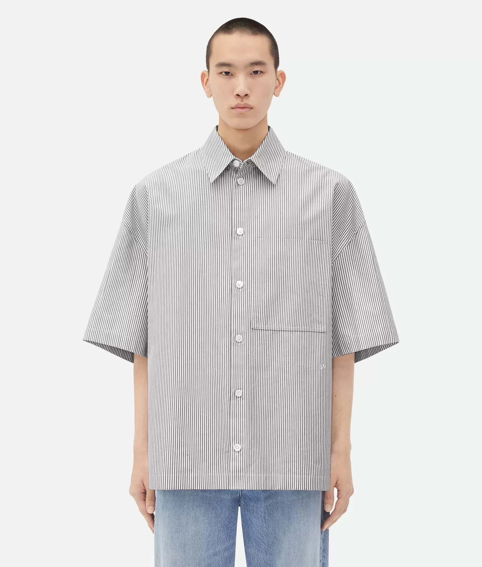 Shirts>Bottega Veneta Striped Cotton Overshirt With "BV" Embroidery Grey/white