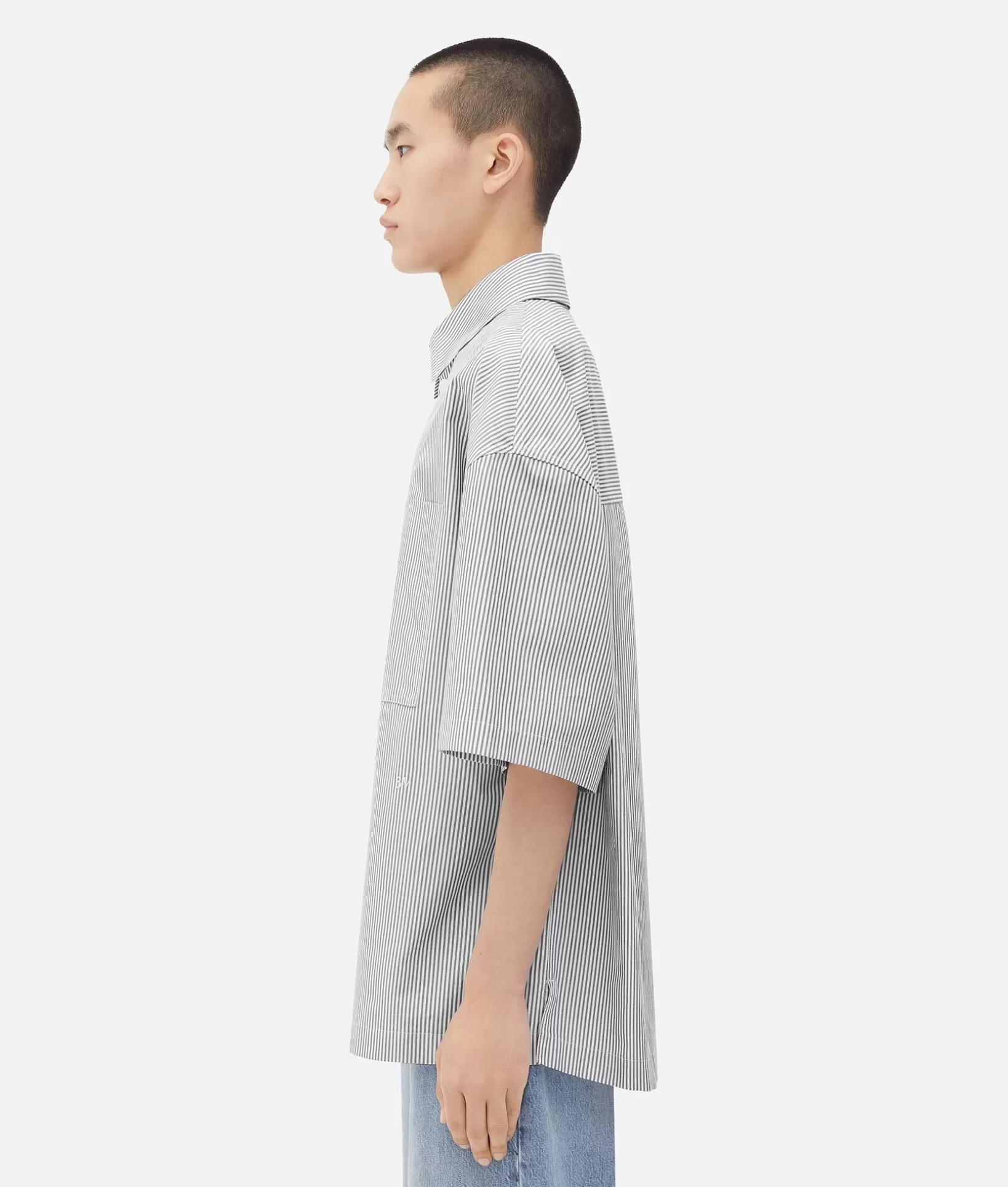 Shirts>Bottega Veneta Striped Cotton Overshirt With "BV" Embroidery Grey/white