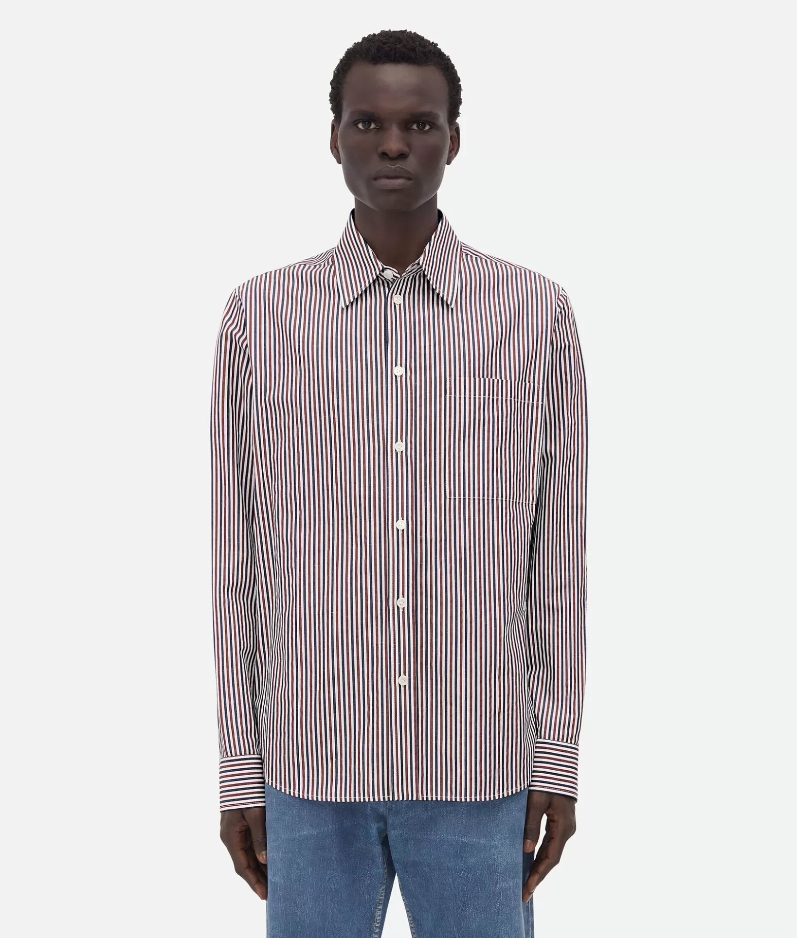 Shirts>Bottega Veneta Striped Cotton Shirt With "BV" Embroidery Bordeaux/navy