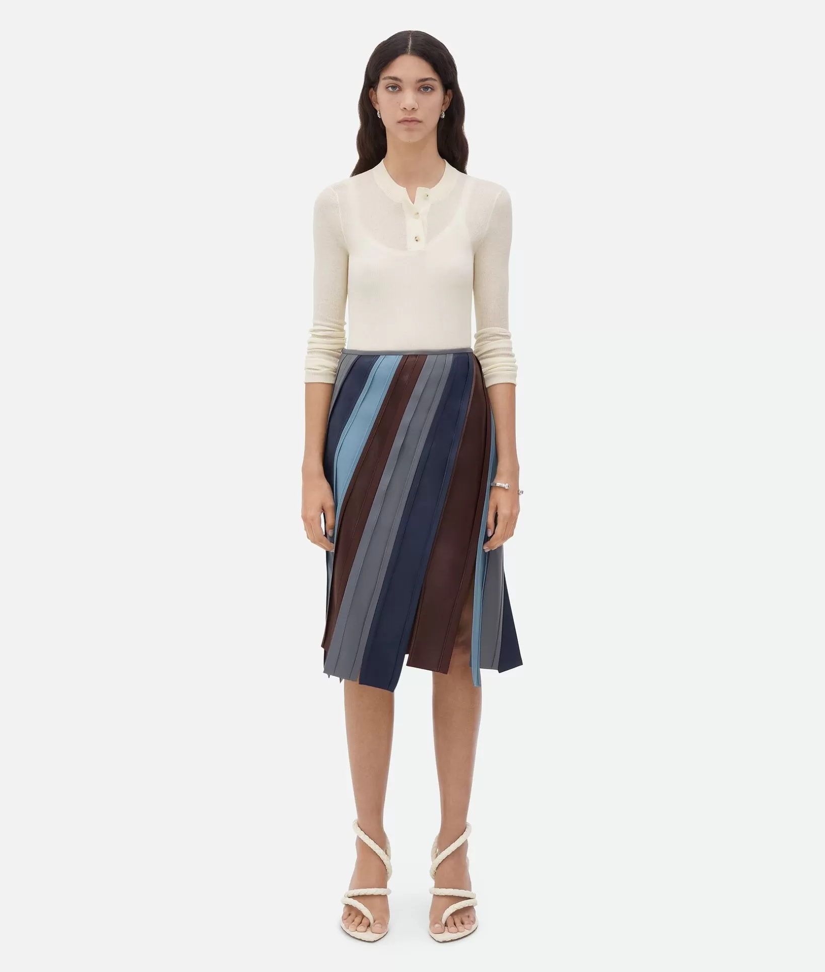 Skirts | Leather>Bottega Veneta Striped Leather Skirt Ches/night/thund/ice