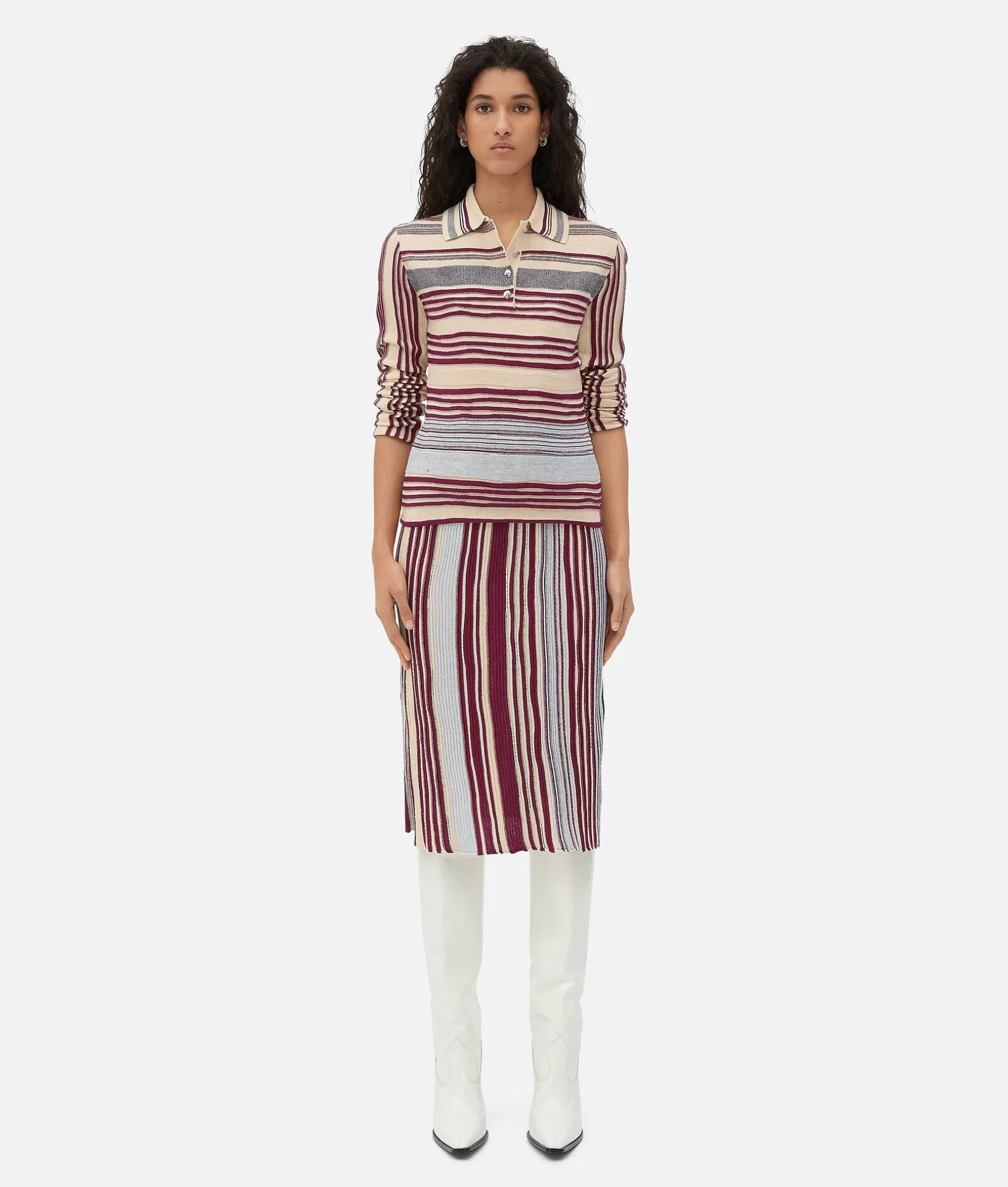 Knitwear>Bottega Veneta Striped Linen Polo String/merlot