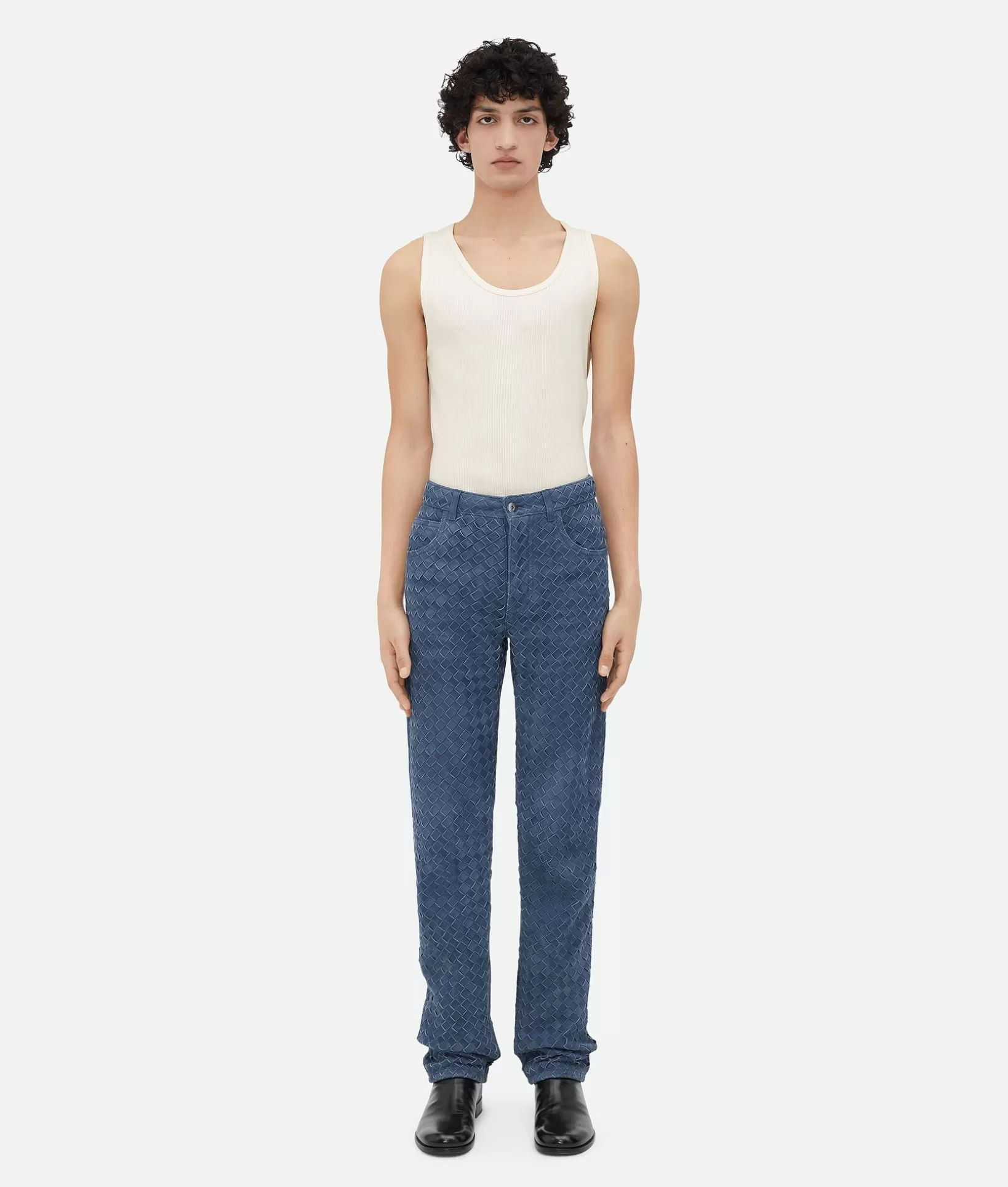 Trousers And Shorts | Leather>Bottega Veneta Suede Intrecciato Leather Trousers Mid blue