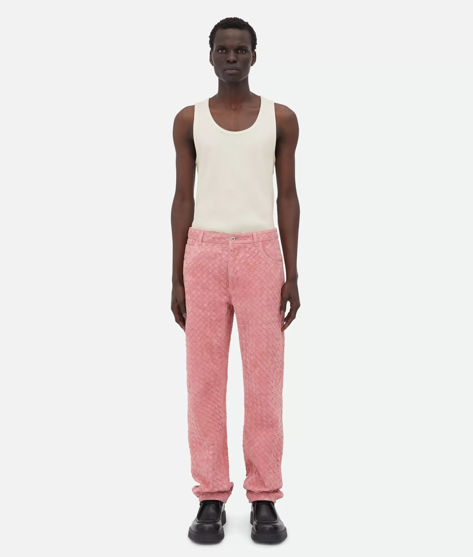 Trousers And Shorts | Leather>Bottega Veneta Suede Intrecciato Leather Trousers Cherry blossom