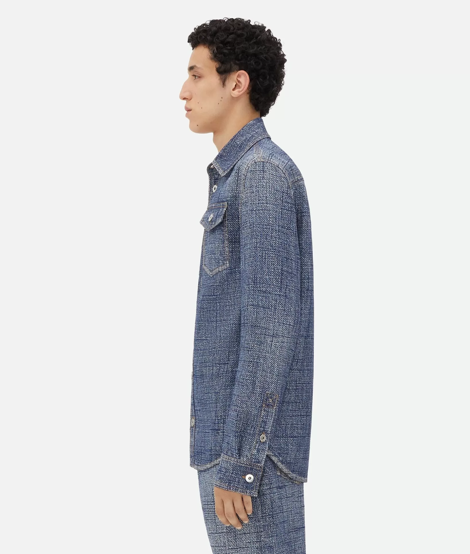 Shirts>Bottega Veneta Textured Denim Viscose Shirt Indigo/white