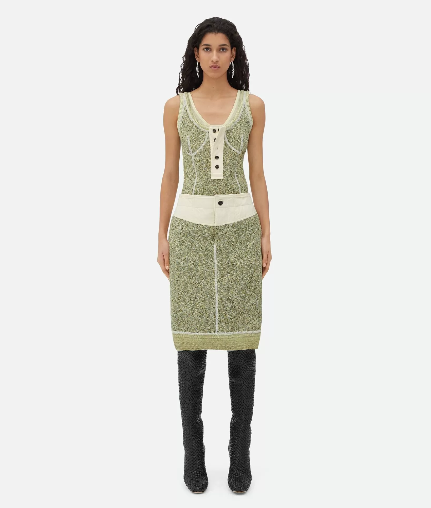 Skirts>Bottega Veneta Textured Mouline Cotton Jersey Skirt Yellow/khaki/white