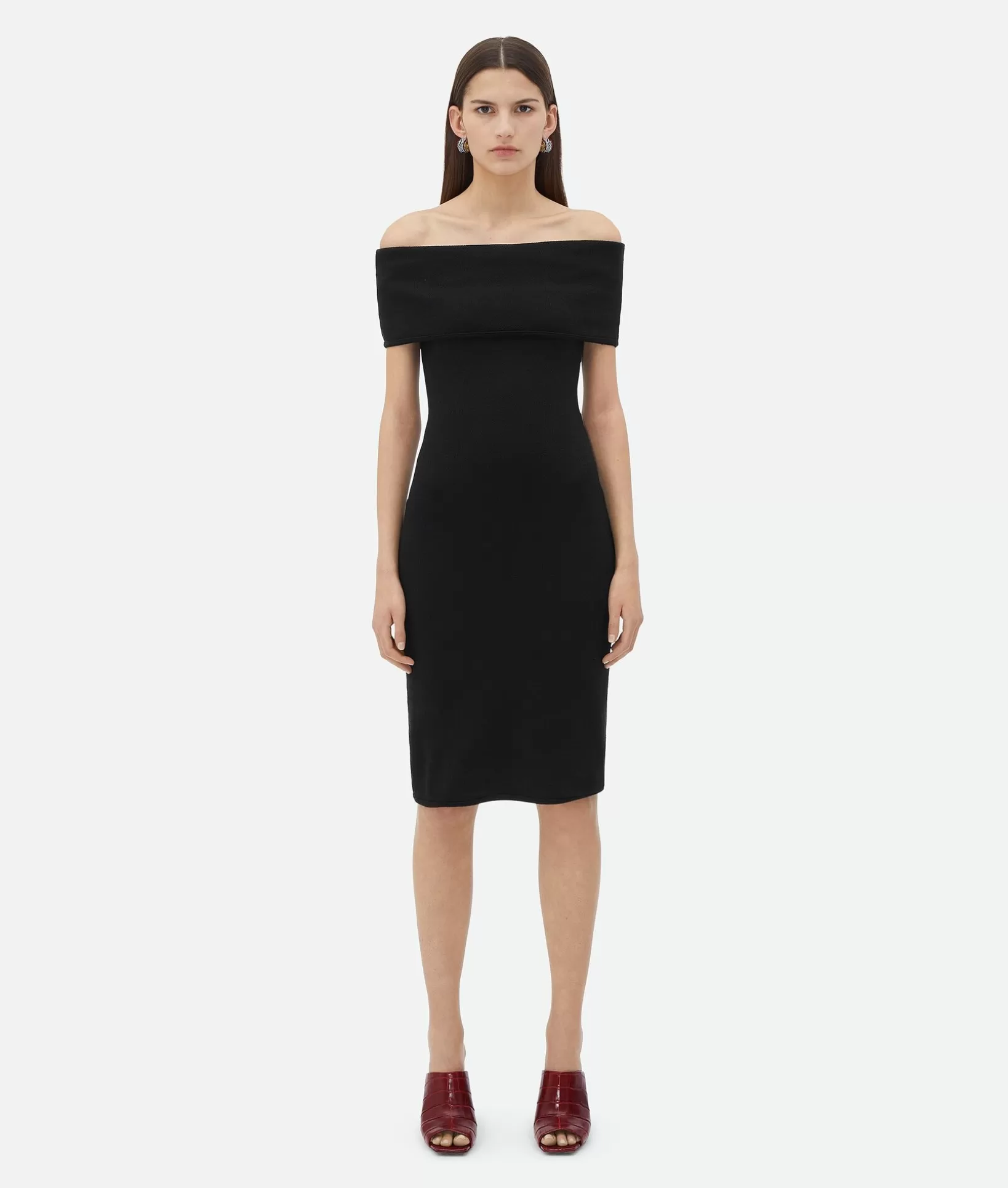 Dresses>Bottega Veneta Textured Nylon Off-The-Shoulder Dress Black