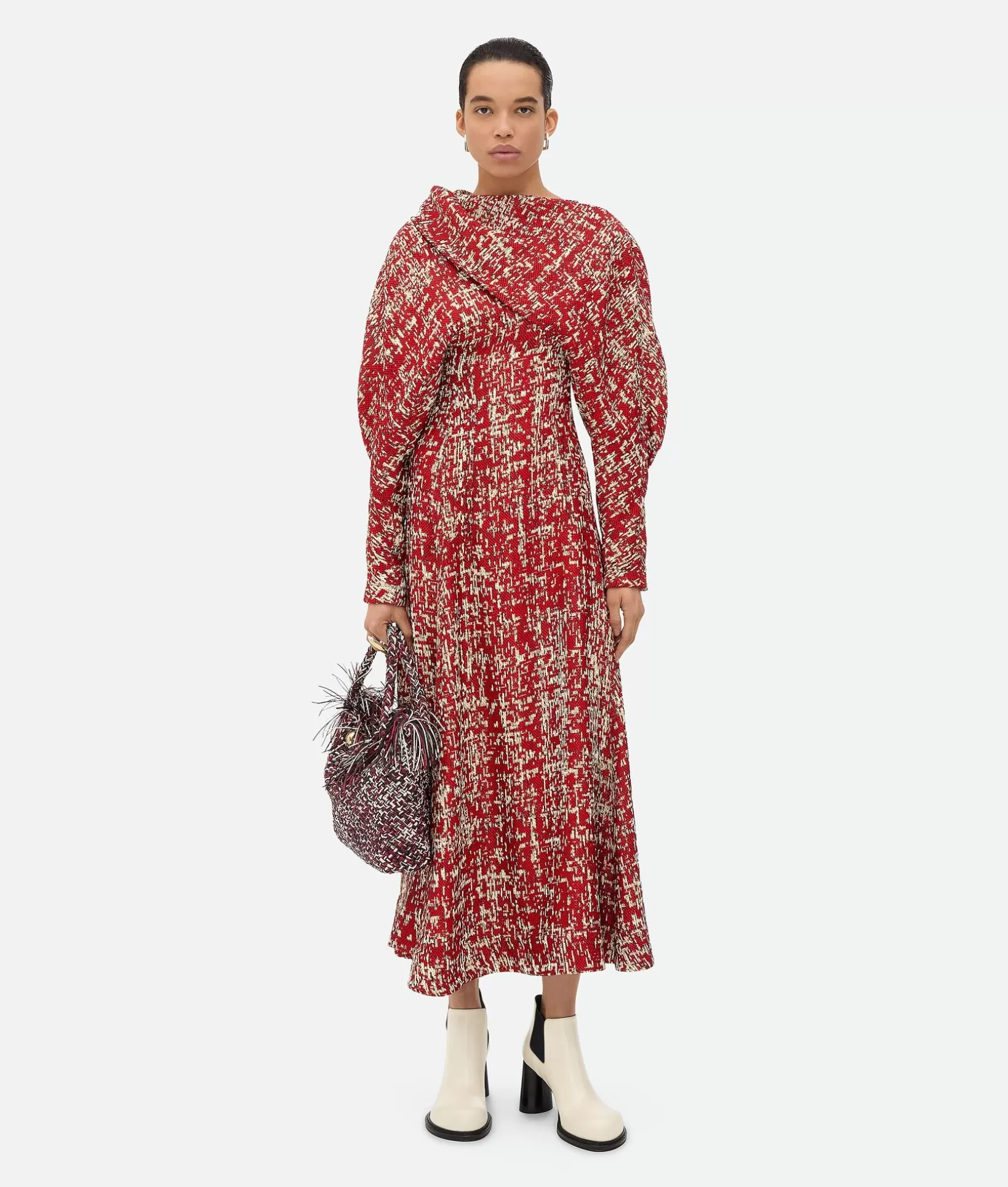 Dresses>Bottega Veneta Textured Viscose Dress Red/black/cream