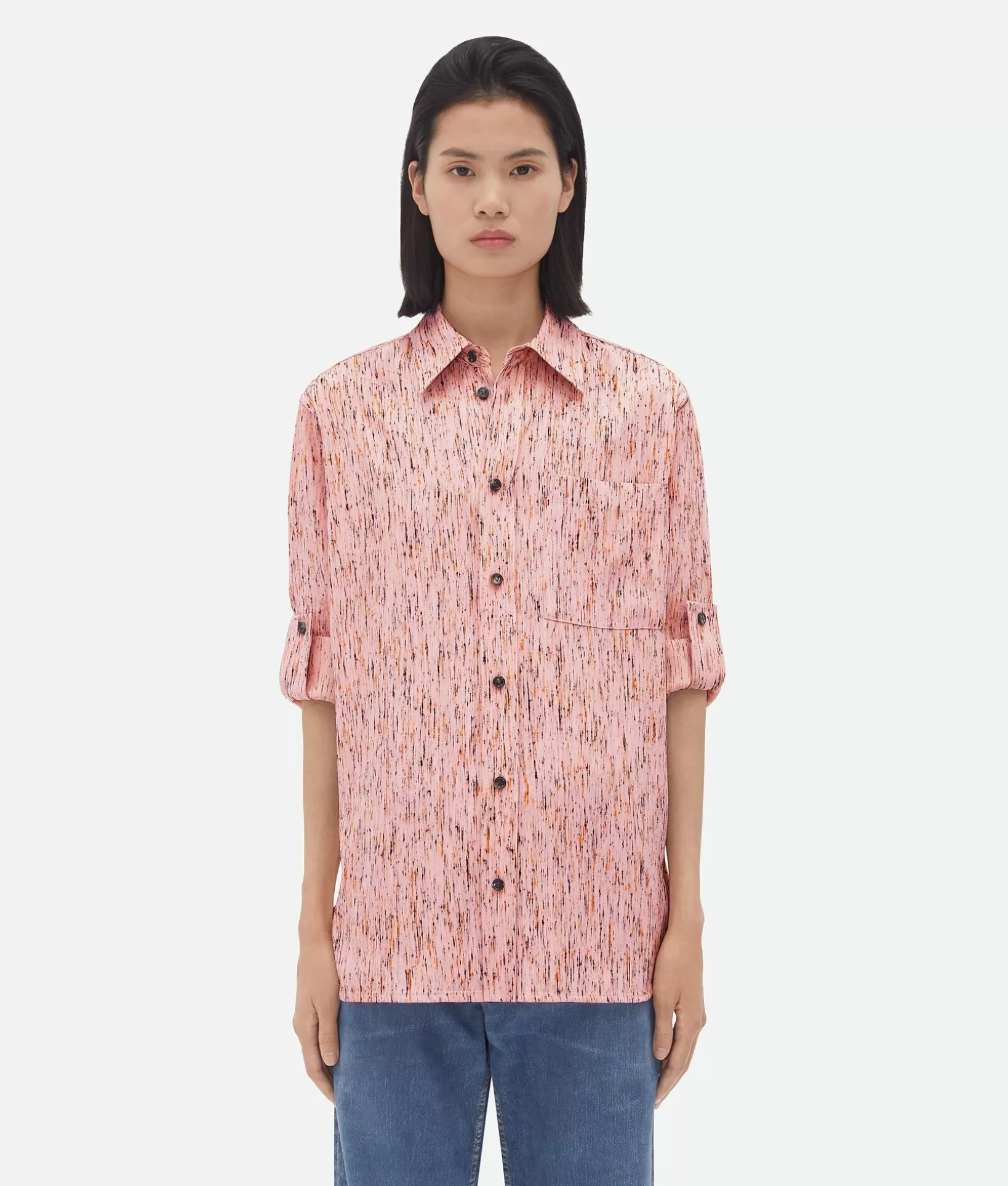 Shirts>Bottega Veneta Textured Viscose Stripe Shirt With "BV" Embroidery Pink/yellow/black