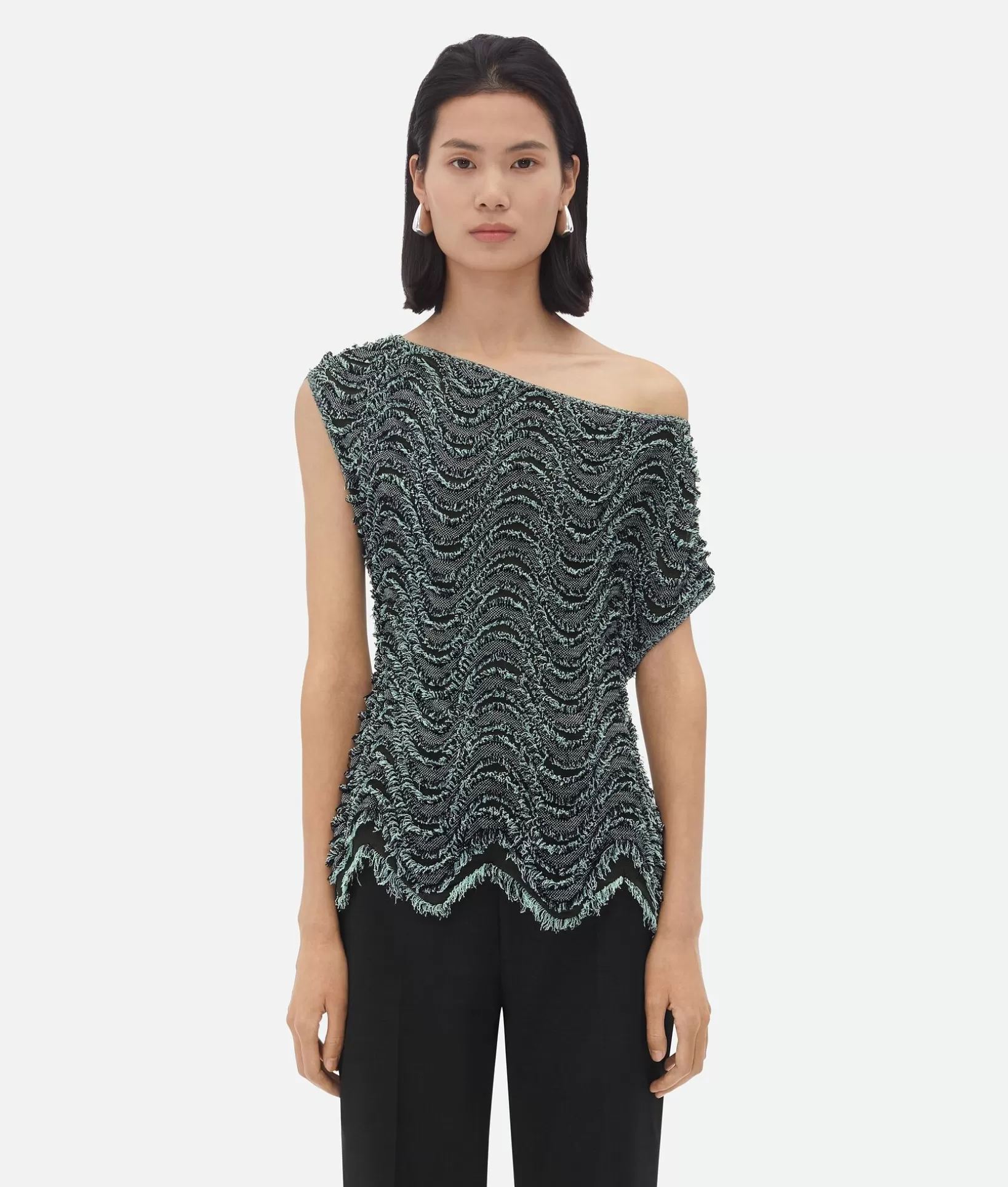 Tops And T-Shirts>Bottega Veneta Textured Viscose Top With Weaved Fringes Aquamarine/black